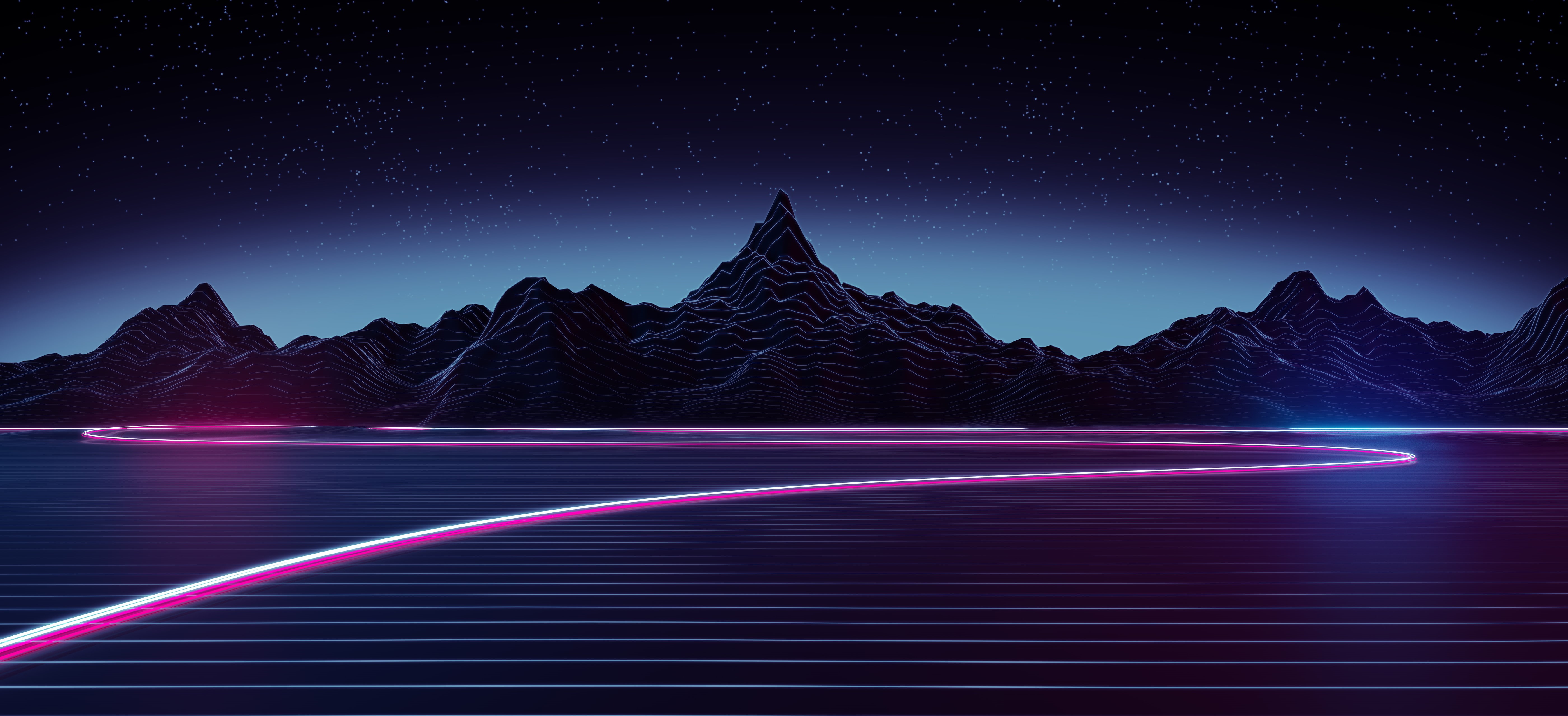 Highway, Neon, RetroWave art, 5K, 5K, Mountains, HD Wallpaper