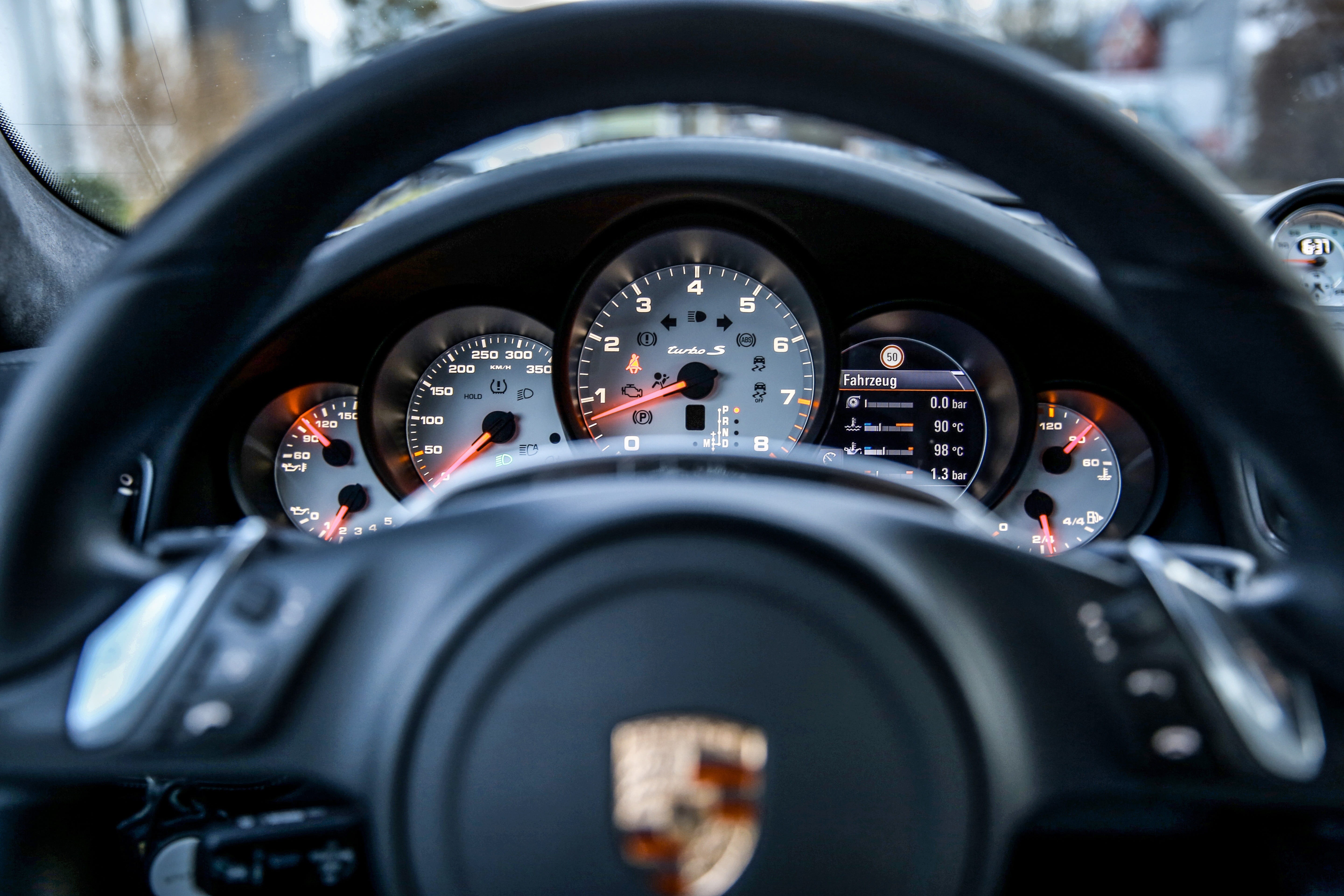 black, driving, coat of arms, automobile manufacturers, car, 5K, safety, wheel, luxury, auto, control, gauge, sports car, cockpit, porsche ag, vehicle interior, HD Wallpaper