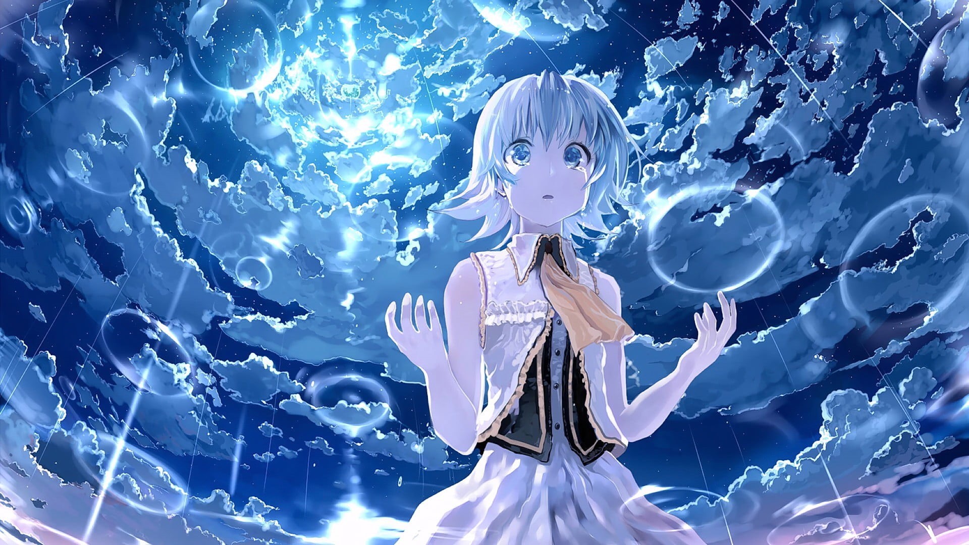 looking, 1080P, young adult, three quarter length, nature, standing, crying, gray, one person, haired, character, futuristic, Vocaloid, digital composite, HD Wallpaper