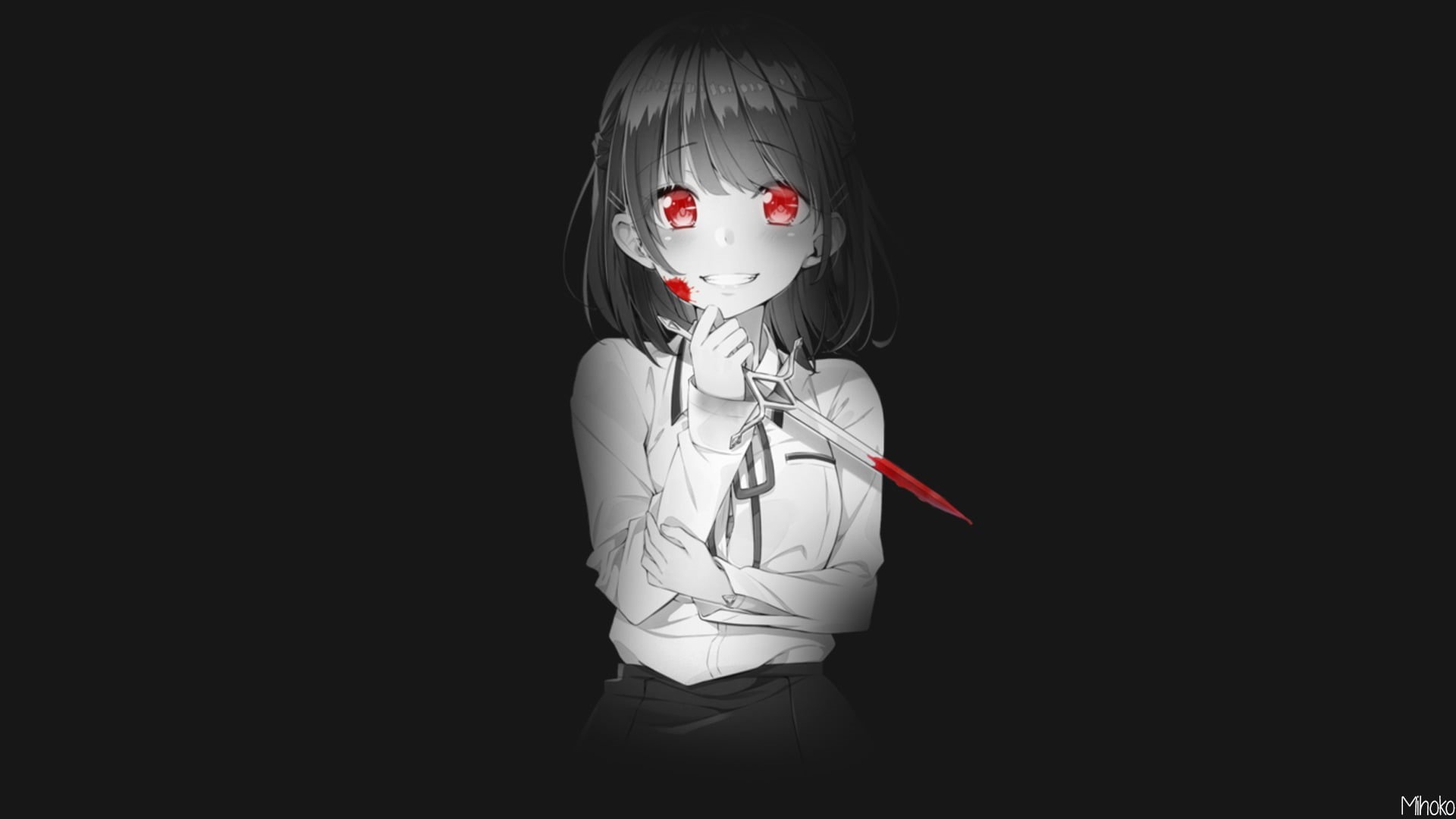 close-up, copy space, anime girls, female likeness, smiling, human representation, monochrome, black background, still life, creativity, short hair, art and craft, HD Wallpaper