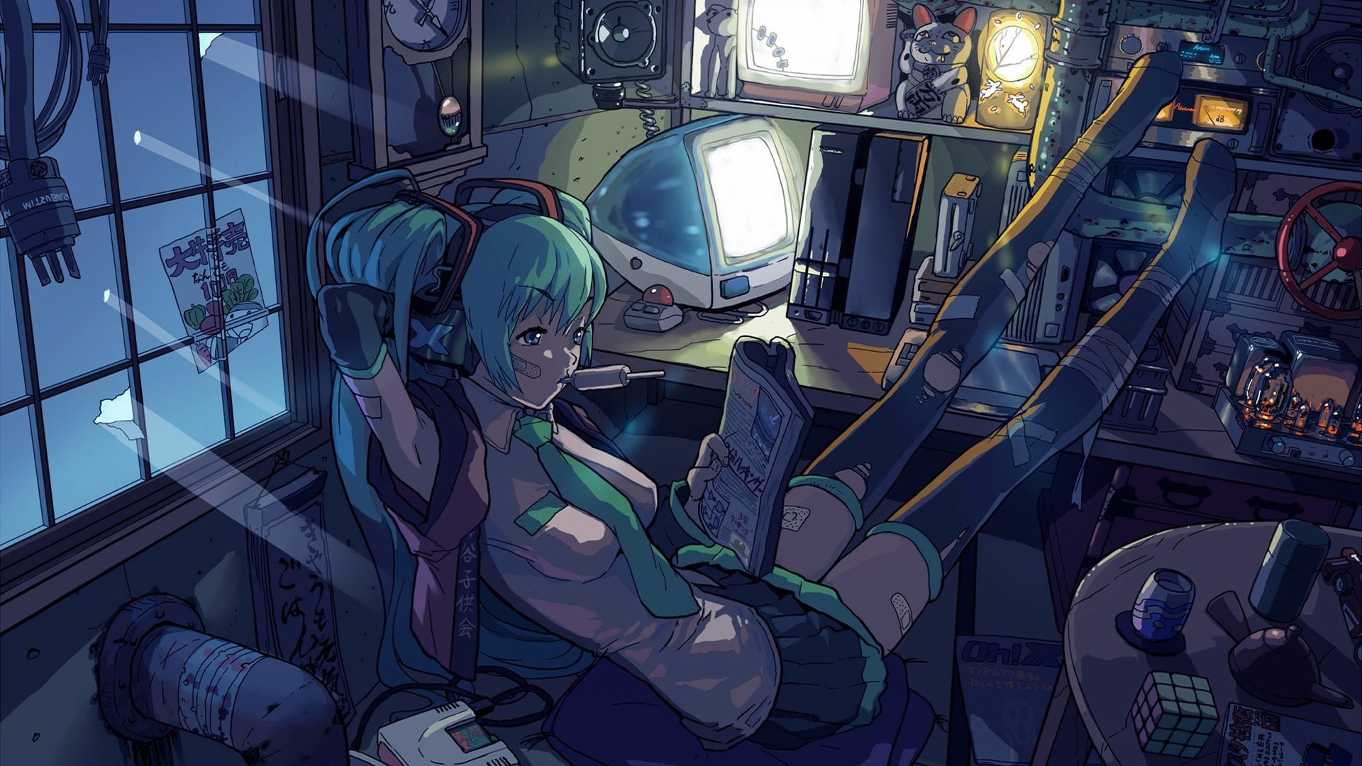 female, technology, anime girls, indoors, real people, haired, Hatsune Miku, anime, character, male likeness, standing, lighting equipment, built structure, HD Wallpaper