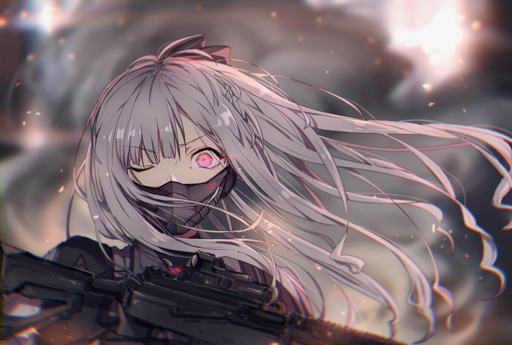 720P, gun, AK-12, anime girls, mask, Girls Frontline, red eyes, long hair, weapon, video games, HD Wallpaper
