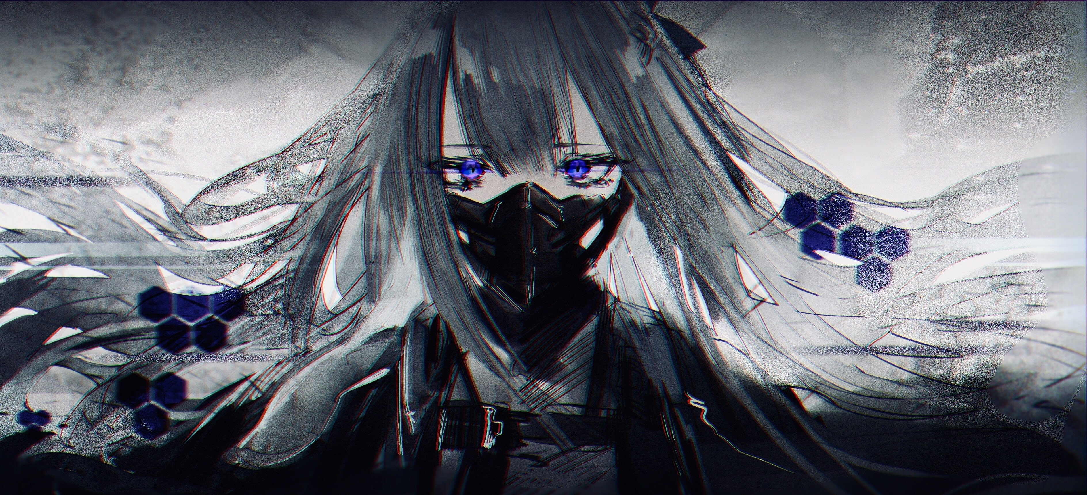 day, blue eyes, emotion, obscured face, nature, digital composite, front view, outdoors, human arm, clothing, 2K, one person, Anime, ak-12, mask, human body part, HD Wallpaper
