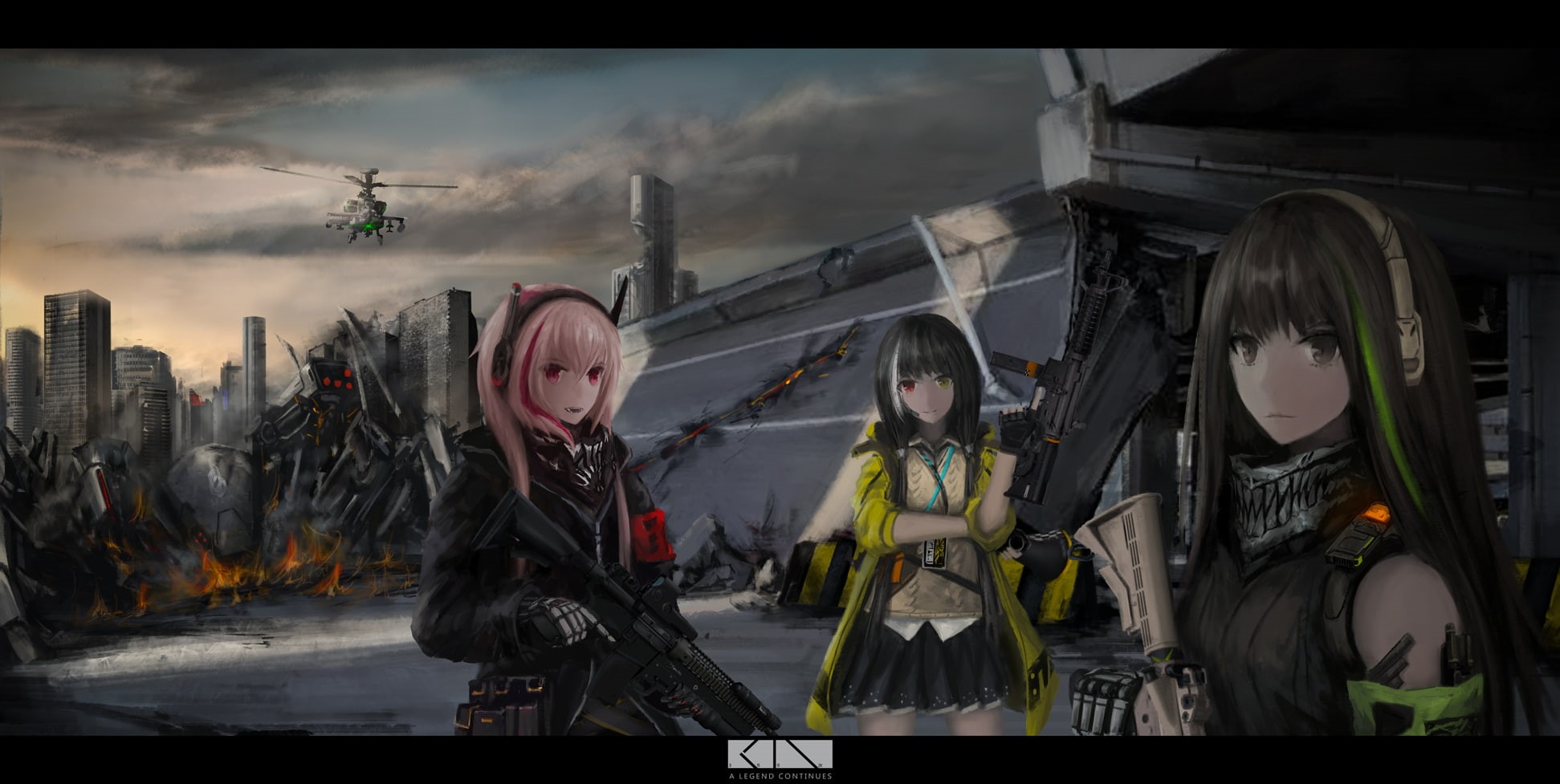 built structure, lifestyles, sky, waist up, winter, anime, clothing, building exterior, M16 (Girls Frontline), M4 SOPMOD II (Girls Frontline), adult, digital composite, HD Wallpaper