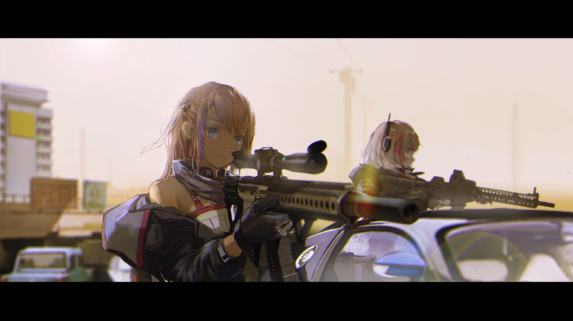 auto post production filter, transfer print, adult, architecture, sculpture, human representation, girls with guns, women, standing, built structure, anime girls, HD Wallpaper