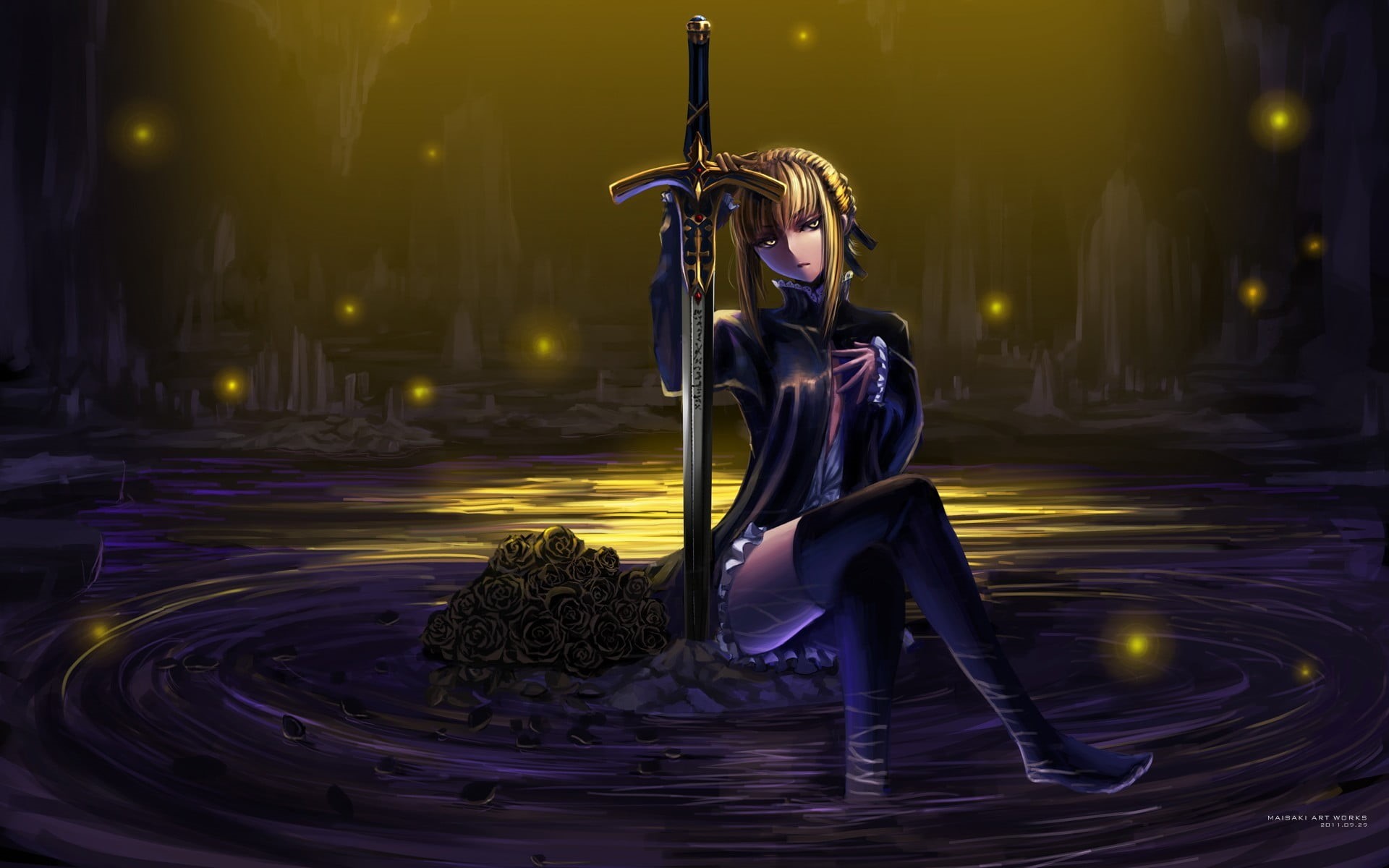 architecture, anime girls, holding, motion, sitting, dress, wearing, illustration, full length, anime, women, adult, illuminated, Fate/Stay Night, arts culture and entertainment, HD Wallpaper