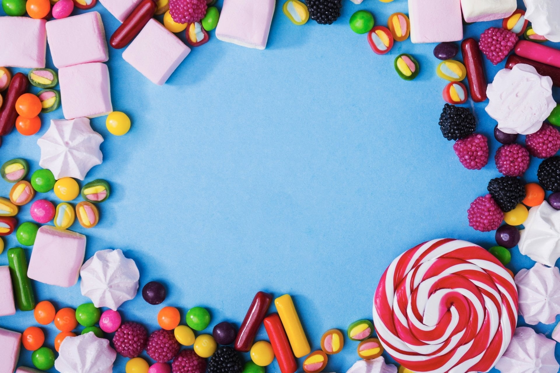 creativity, no people, Lollipop, food and drink, Food, blue background, art and craft, copy space, multi colored, directly above, studio shot, abundance, HD Wallpaper