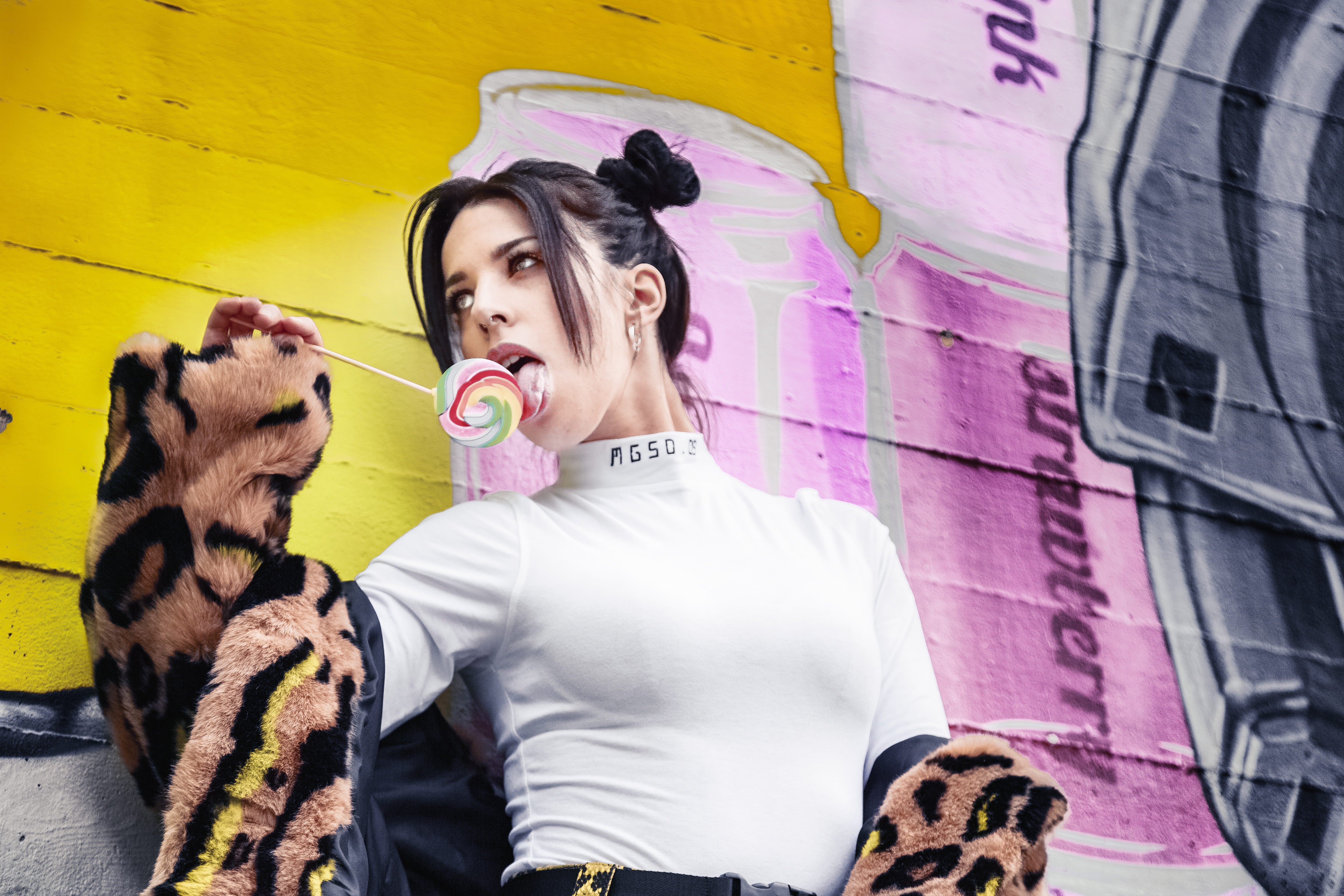 young women, young adult, wall - building feature, fashion, real people, pet owner, posing, attractive, face, vertebrate, beautiful woman, mammal, graffiti, HD Wallpaper
