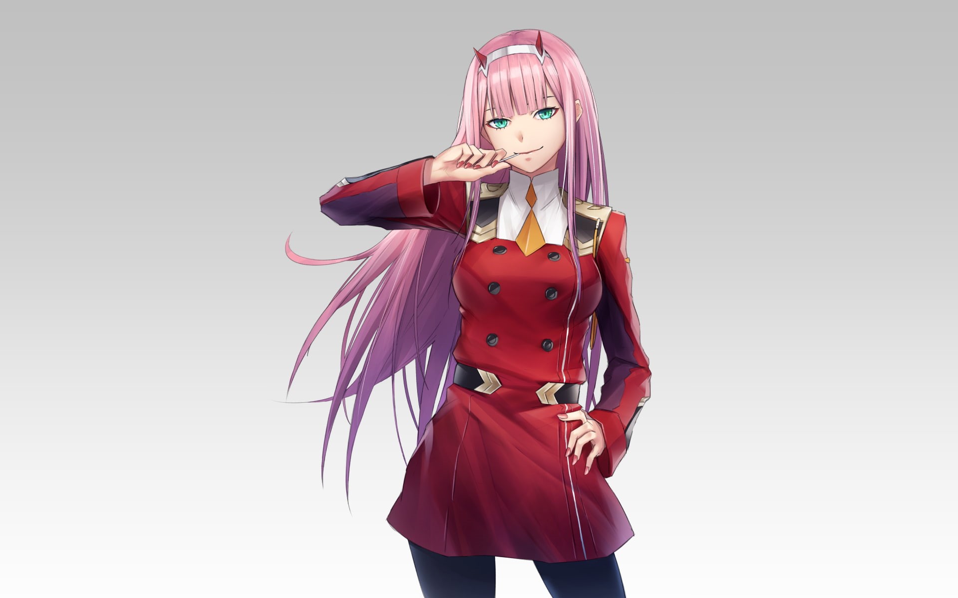 bodysuit, anime, simple background, Code: 002(02), 1080P, artwork, Zero Two (Darling in the FranXX), long hair, mecha girls, digital art, pink hair, looking at viewer, HD Wallpaper