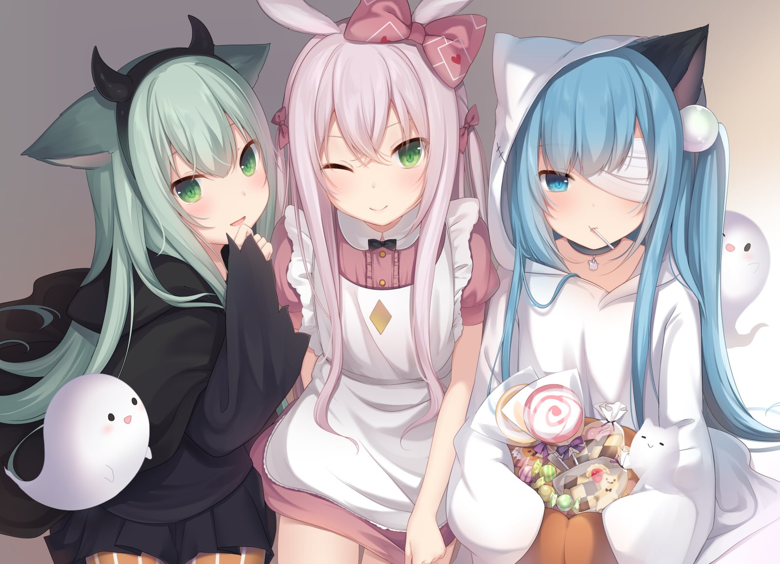 candies, apron, bow, 720P, wink, hoods, headband, collar, demon girls, cosplay, skirt, lollipop, Halloween, horns, dress, blue hair, loli, cat girl, aqua eyes, HD Wallpaper