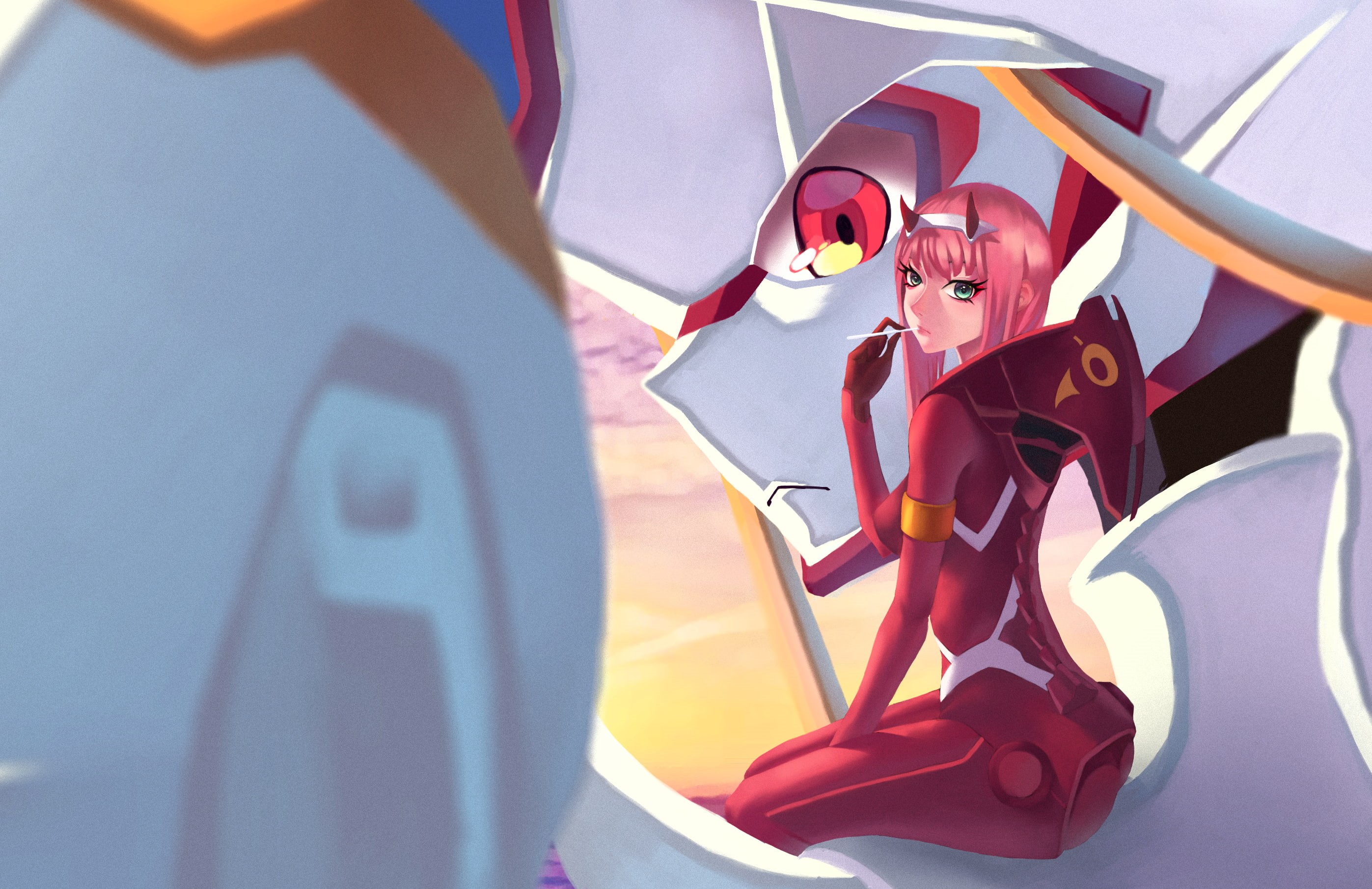 wheel, horns, lollipop, representation, 2K, anime girls, Code: 002(02), still life, green eyes, mode of transportation, figurine, transportation, anime, HD Wallpaper