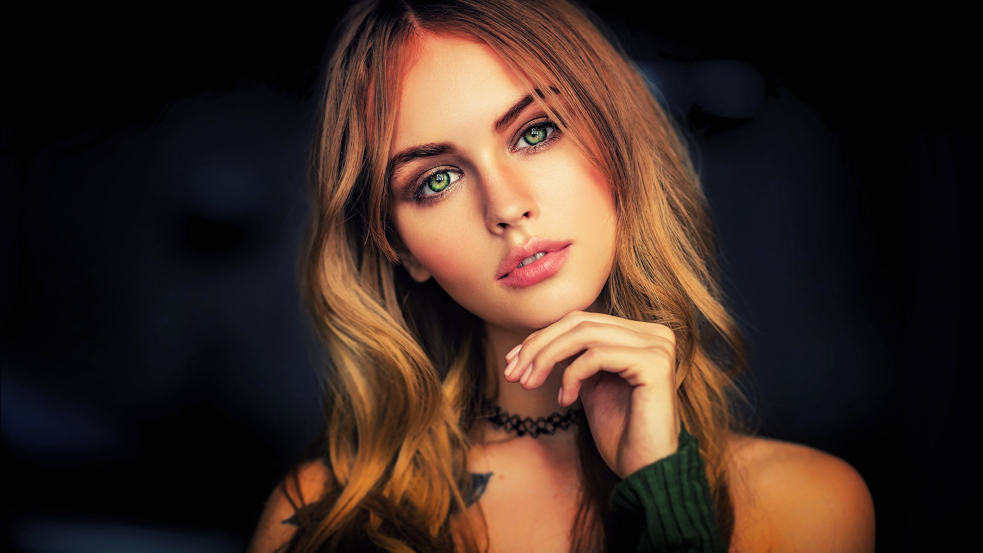 make-up, choker, Anastasia Scheglova, one person, long hair, black background, portrait, beauty, women, brunette, hair, 4K, young women, blond hair, front view, HD Wallpaper