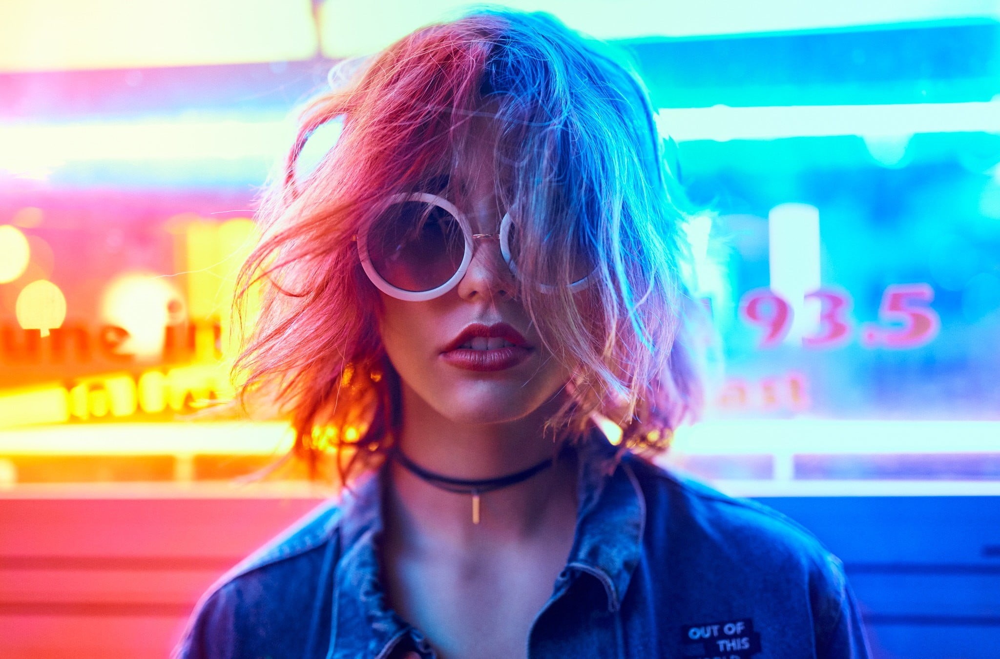 women with glasses, hairstyle, women, 1080P, front view, neon, illuminated, focus on foreground, face, glasses, adult, sunglasses, leisure activity, portrait, HD Wallpaper