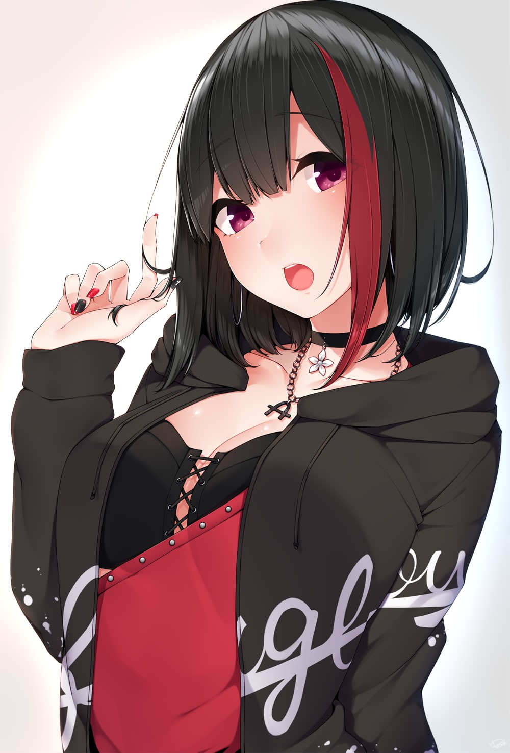 720P, hairstyle, choker, hands in hair, white background, chains, clothing, front view, black hair, portrait, hoods, red, cleavage, glasses, simple background, Phone HD Wallpaper
