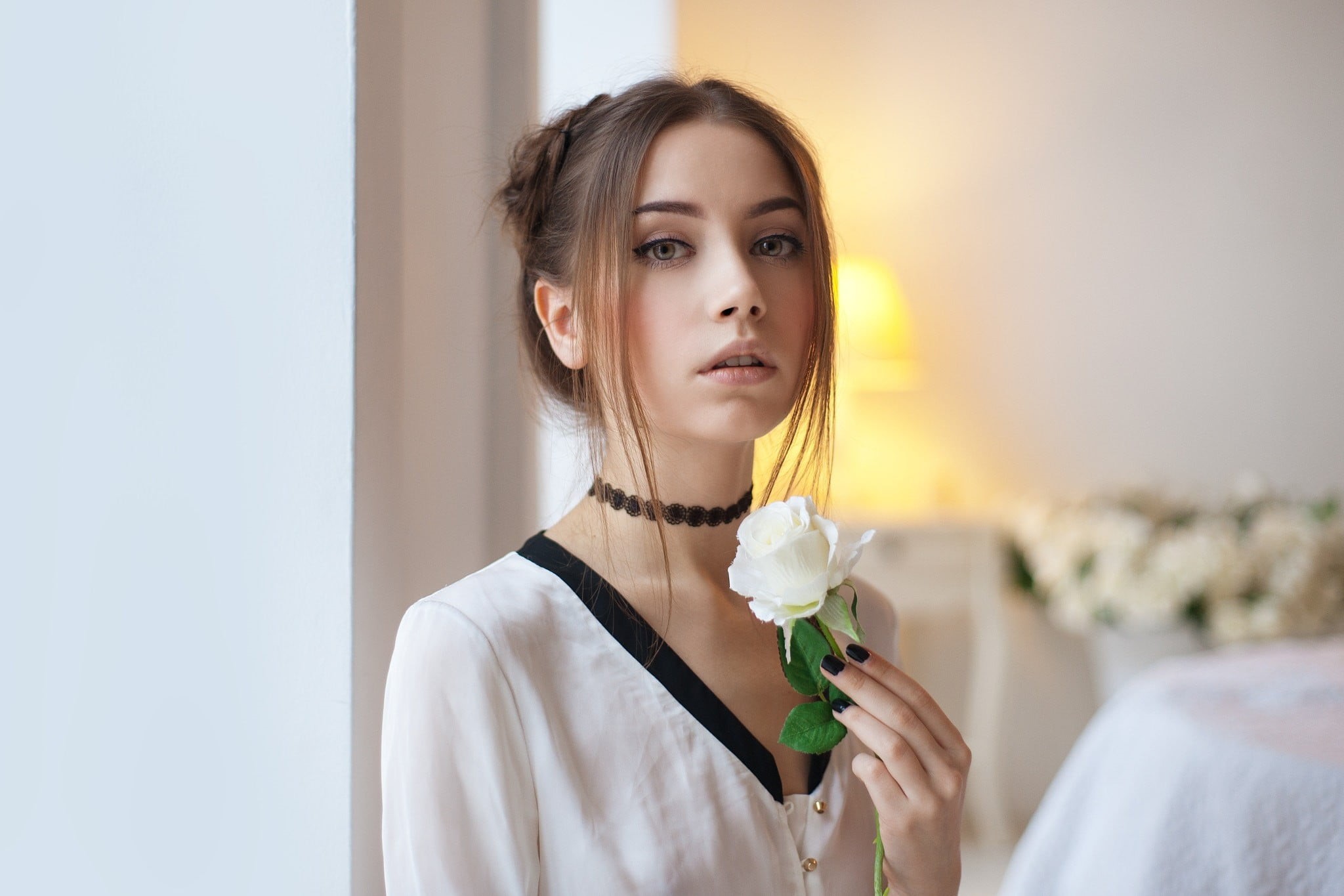 hairstyle, young adult, indoors, 1080P, women, one person, adult, holding, rose, portrait, face, celebration, drinking, Maxim Maksimov, food and drink, HD Wallpaper
