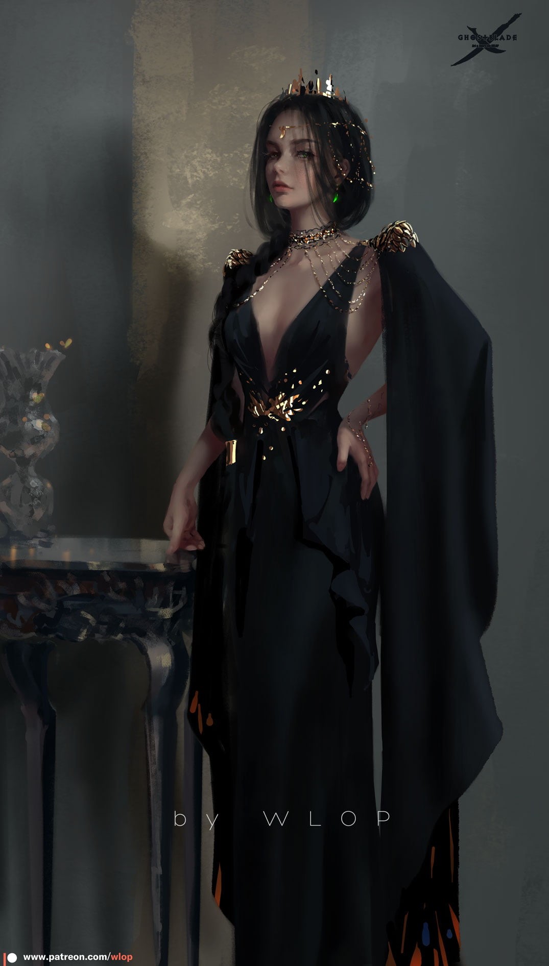 black clothing, dress, long hair, gold, crown, 720P, chains, vase, makeup, lipstick, fashion, WLOP, hair accessories, dark hair, jewelry, braids, looking at viewer, Phone HD Wallpaper