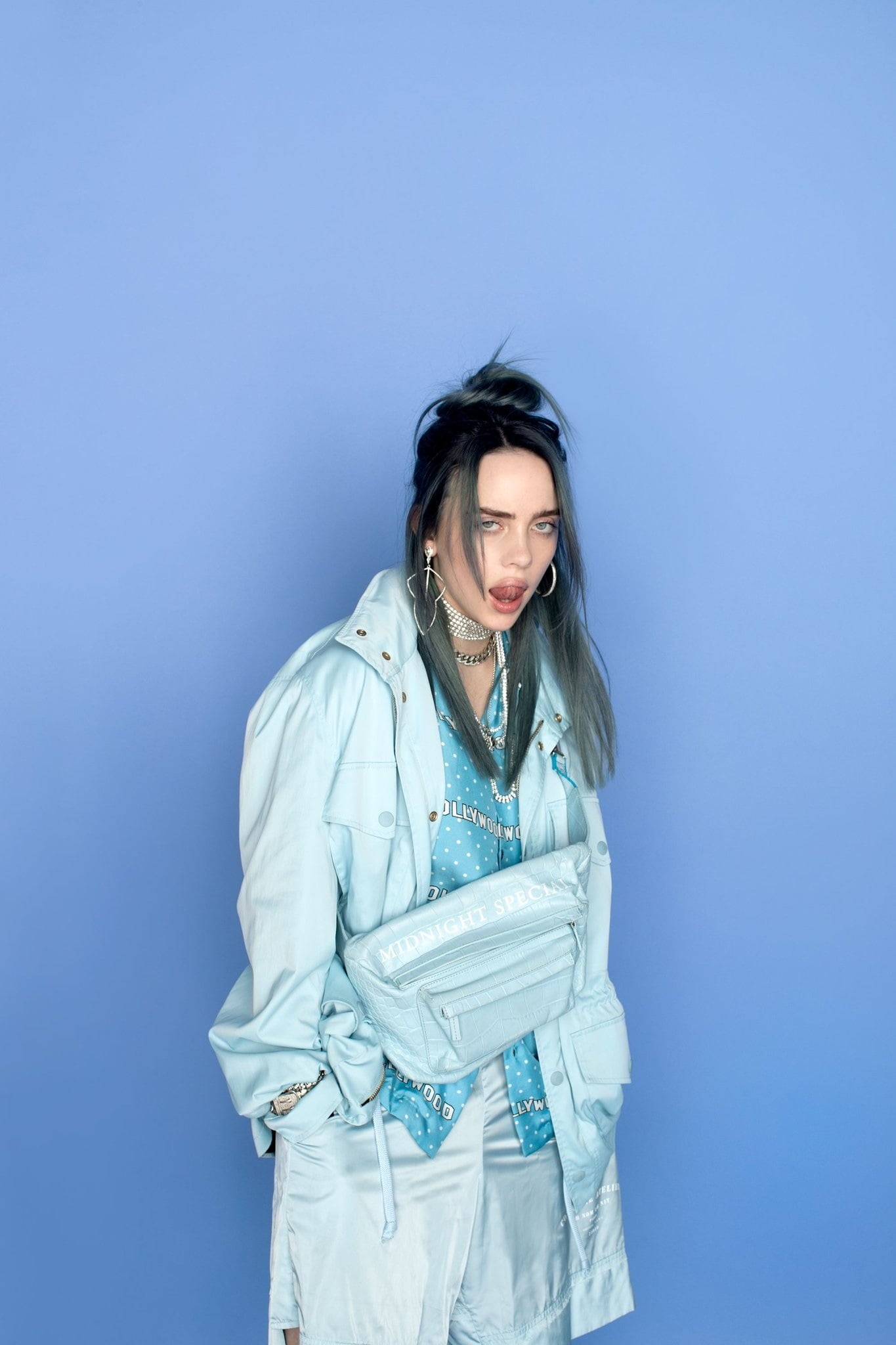 dark hair, tongue out, simple background, women, music, 1080P, Billie Eilish, Phone HD Wallpaper