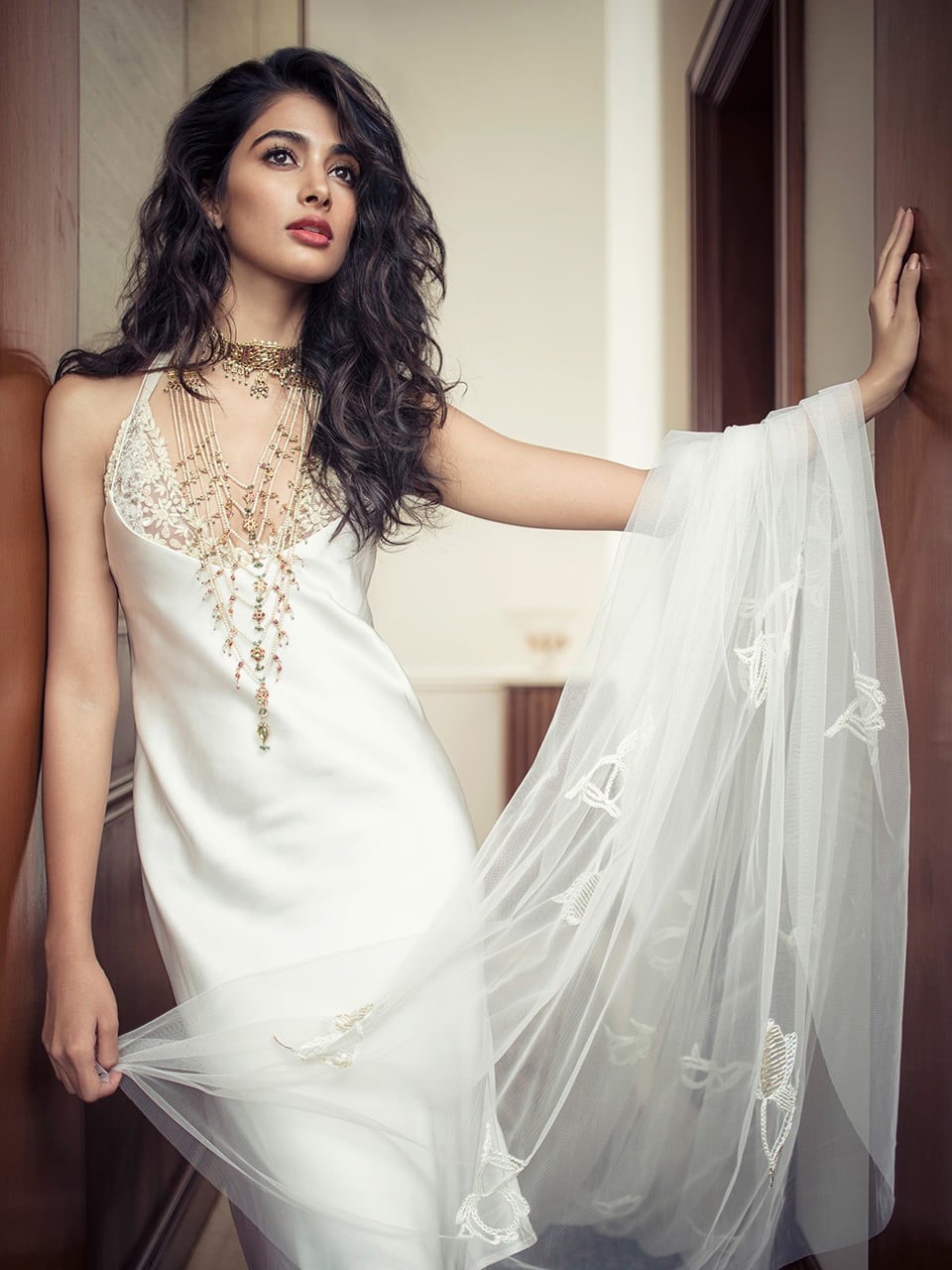 brunette, actress, Pooja Hegde, 720P, women indoors, Indian, white dress, women, model, dark hair, Phone HD Wallpaper