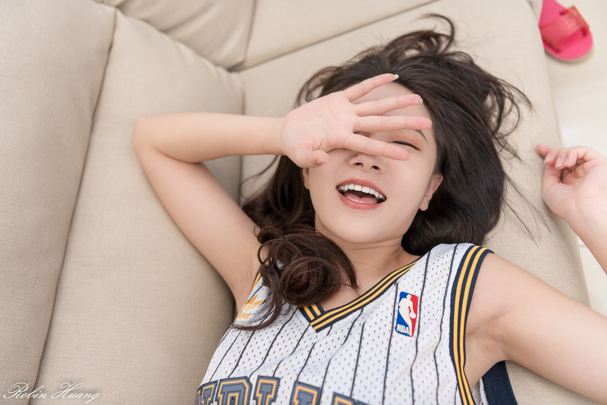 arms raised, leisure activity, relaxation, smiling, hair, indoors, one person, domestic room, furniture, bed, emotion, young adult, mouth open, portrait, HD Wallpaper
