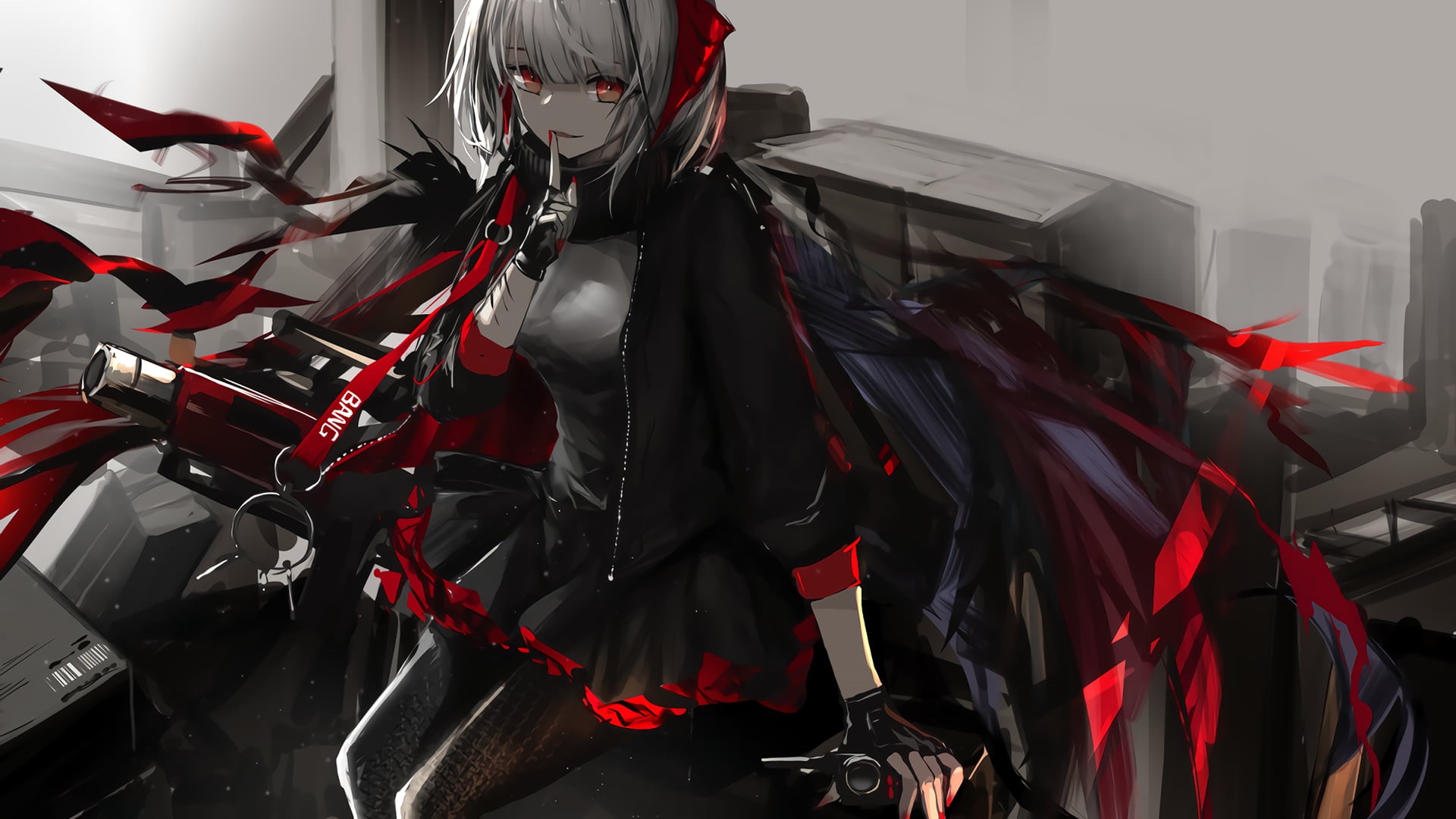 Arknights, weapon, gloves, red eyes, gray hair, 1080P, short hair, dress, HD Wallpaper