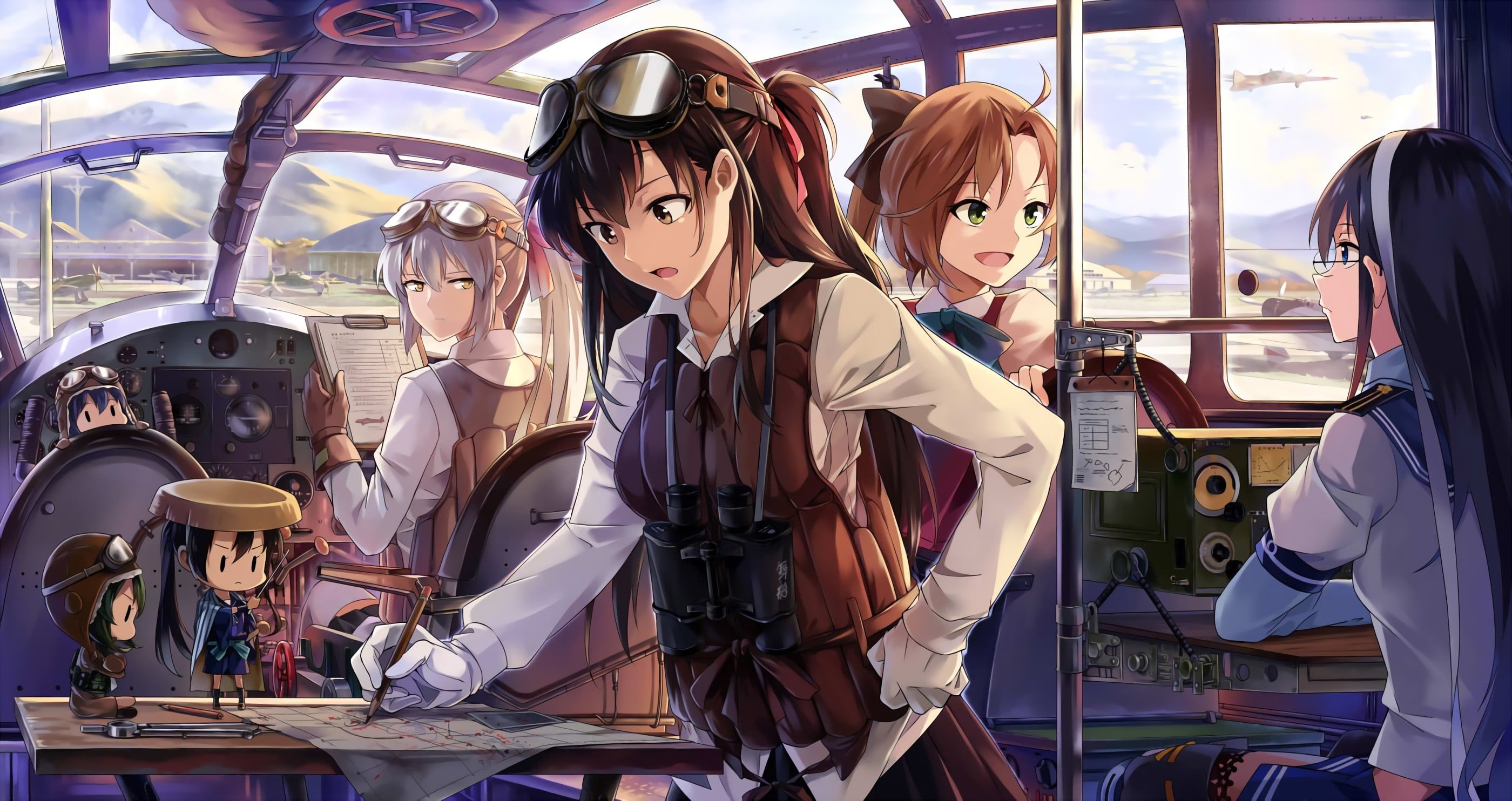 people, real people, adult, transportation, togetherness, anime girls, standing, window, glasses, group of people, brown eyes, gray hair, young adult, Kantai Collection, HD Wallpaper