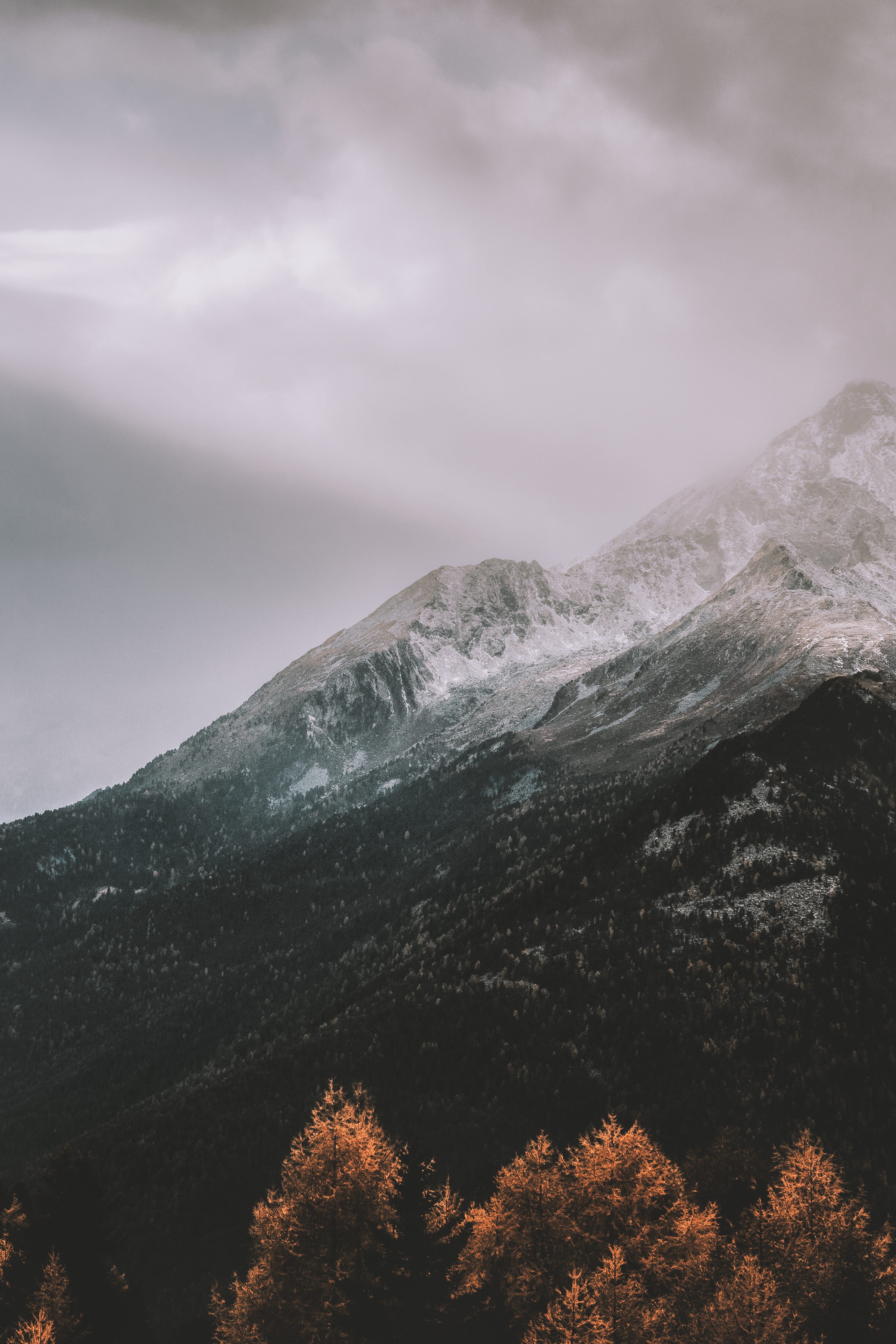 beauty In Nature, 5K, snow, wander, grey, sunset, nature, hill, winter, orange, tree, valley, fall, stormy, autumn, forest, covered, european Alps, mountain, Phone HD Wallpaper