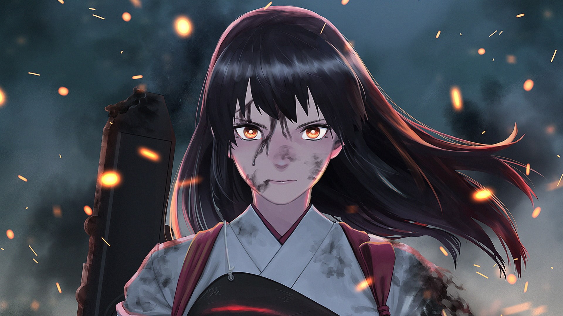 1080P, portrait, spooky, anime, fear, hair, front view, artwork, teenager, digital composite, orange eyes, celebration, night, mask, focus on foreground, HD Wallpaper