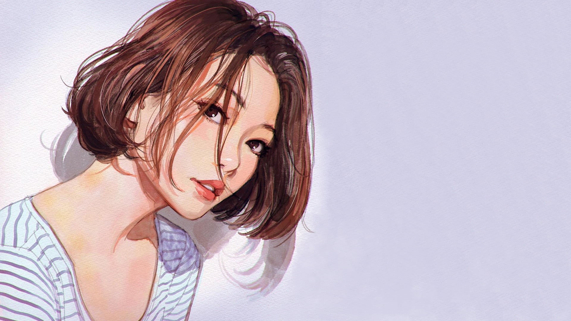 striped, brunette, 1080P, women, simple background, Ilya Kuvshinov, short hair, digital art, HD Wallpaper