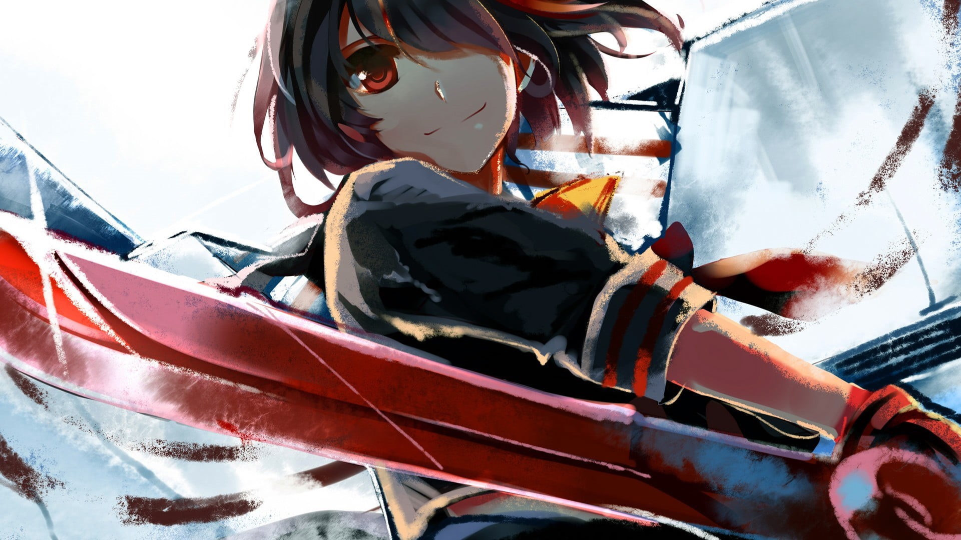 digital, outdoors, man, vehicle hood, holding, 1080P, Kill la Kill, no people, sunlight, close-up, mode of transportation, sword, red, artwork, nature, HD Wallpaper