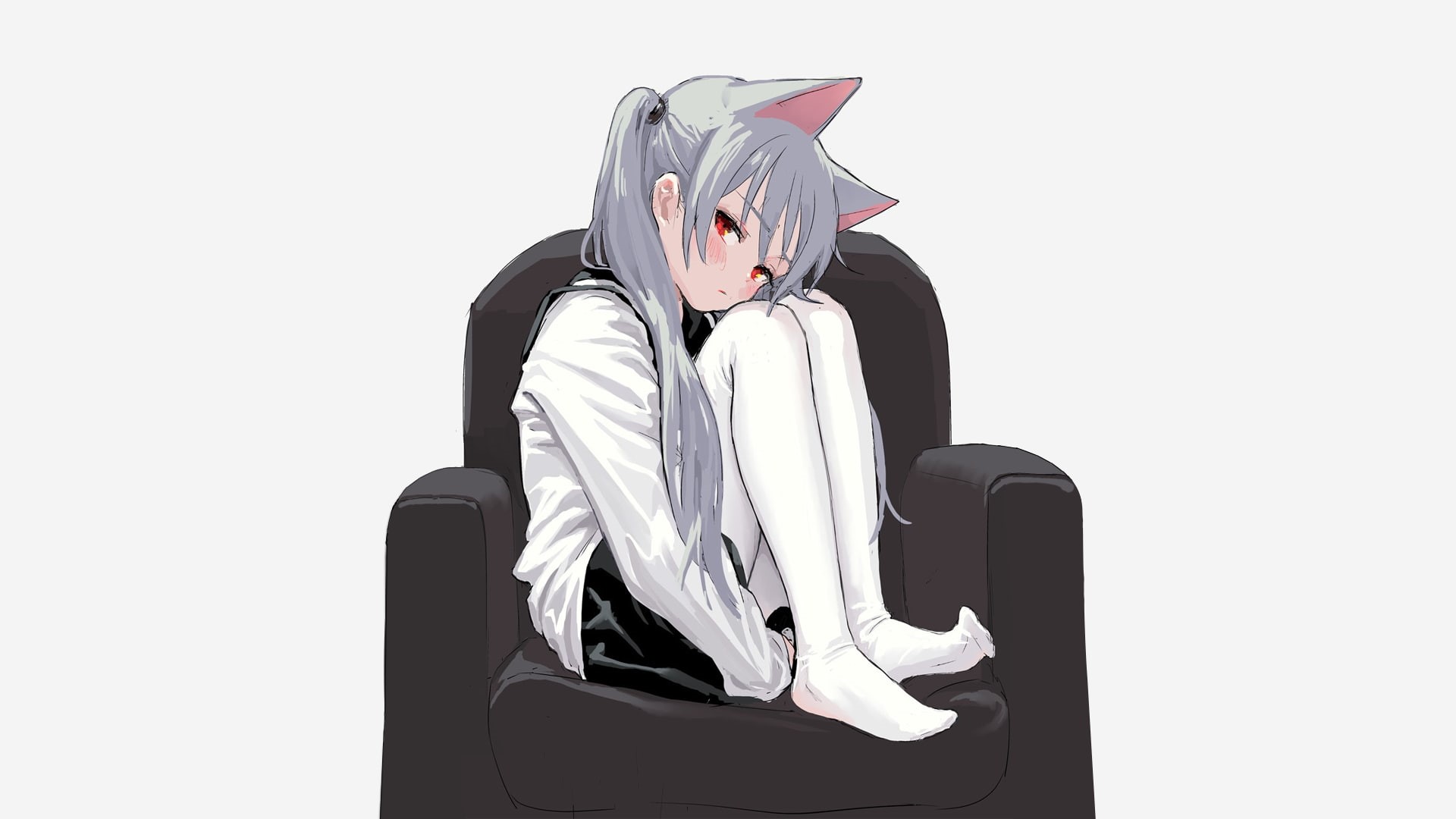 simple background, silver hair, 1080P, anime, manga, grey hair, nekomimi, gray hair, anime girls, gloomy, HD Wallpaper