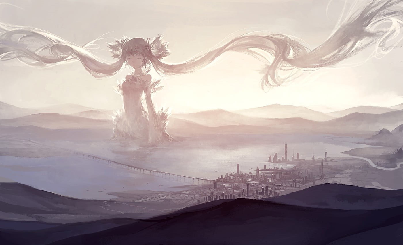 illustration, beauty in nature, tranquility, cloud - sky, giant, mountain range, creativity, female, water, environment, flowing, fog, nature, Vocaloid, HD Wallpaper
