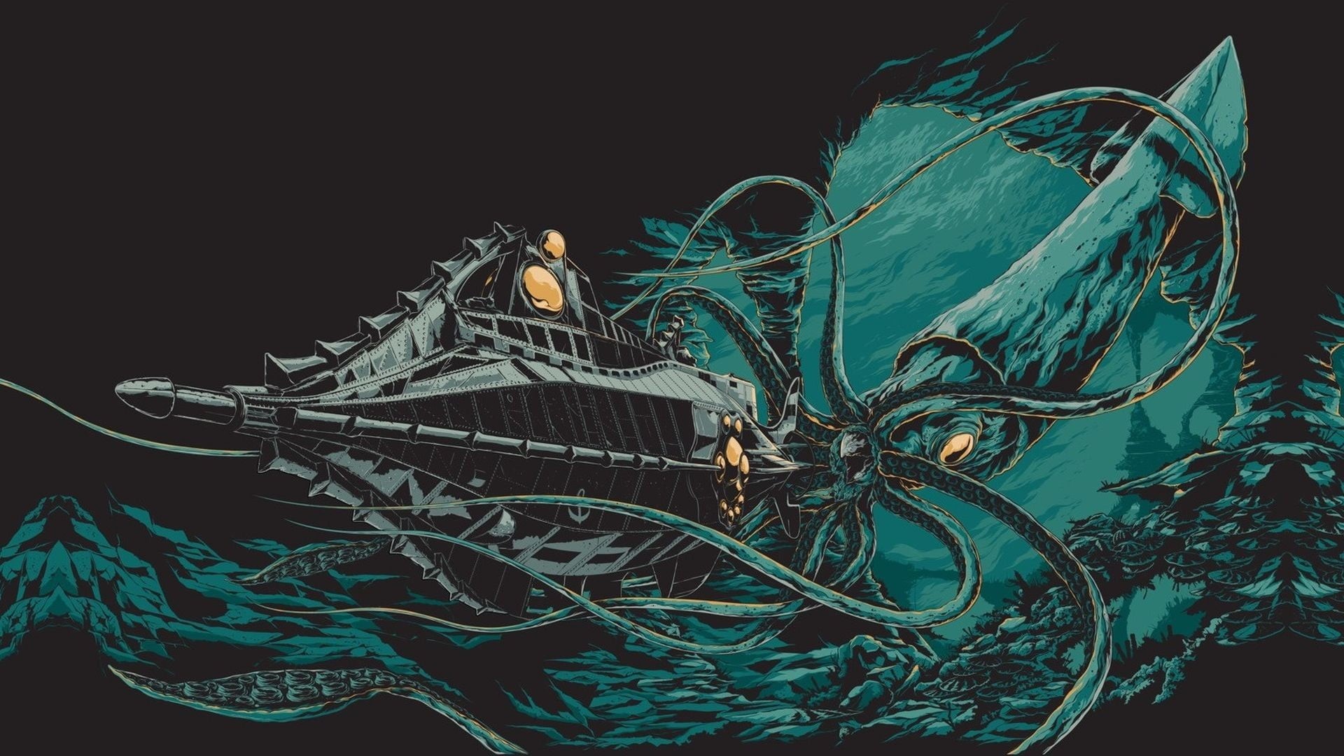 choice, sea, squid, pattern, giant, illustration, close-up, underwater, 1080P, chaos, plant, drawing, cable, no people, art and craft, studio shot, sea monsters, HD Wallpaper