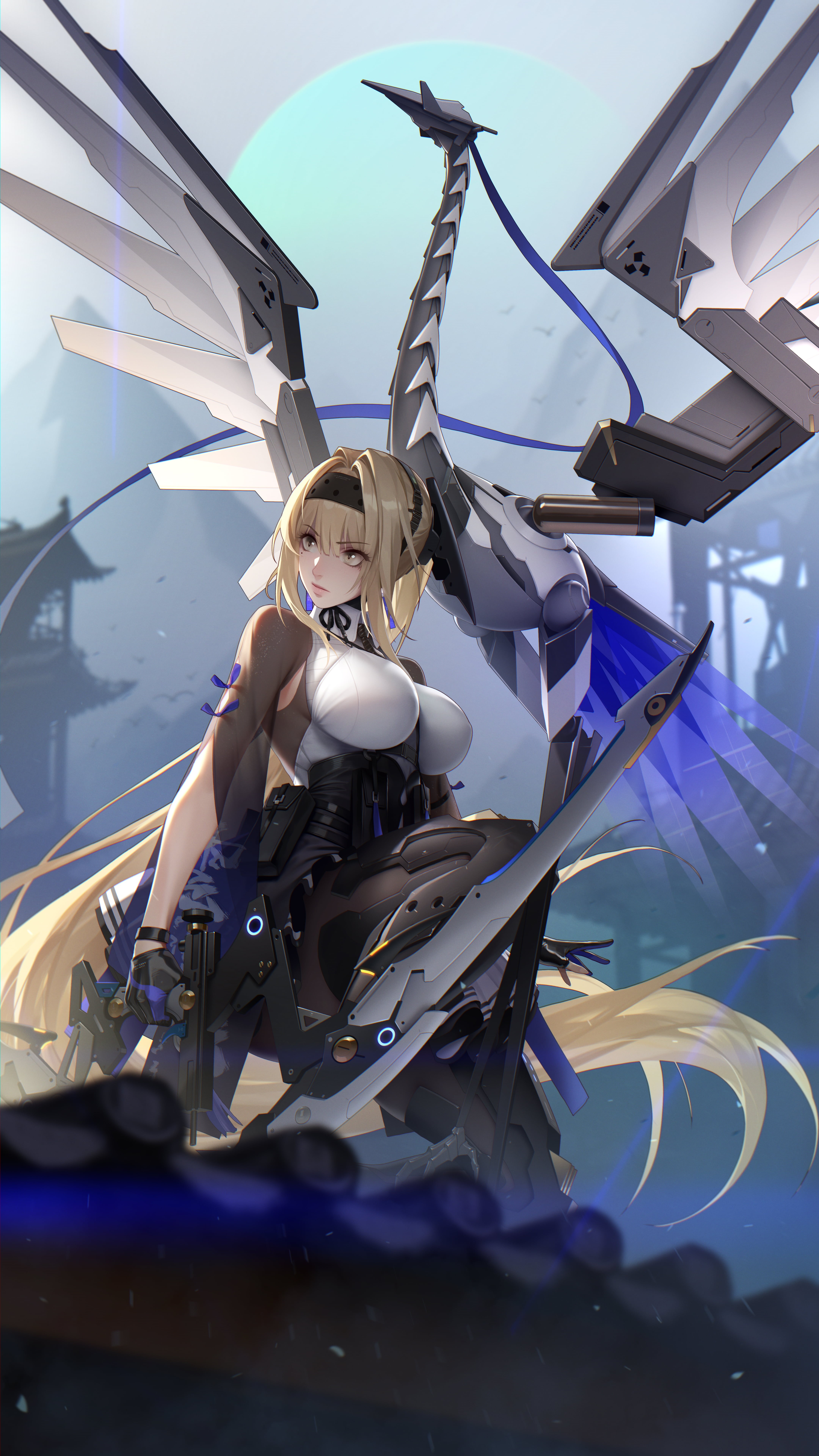 8K, anime girls, video games, bow, drawing, blonde, portrait display, fan art, video game girls, digital art, artwork, Bianca (Punishing: Gray Raven), Phone HD Wallpaper