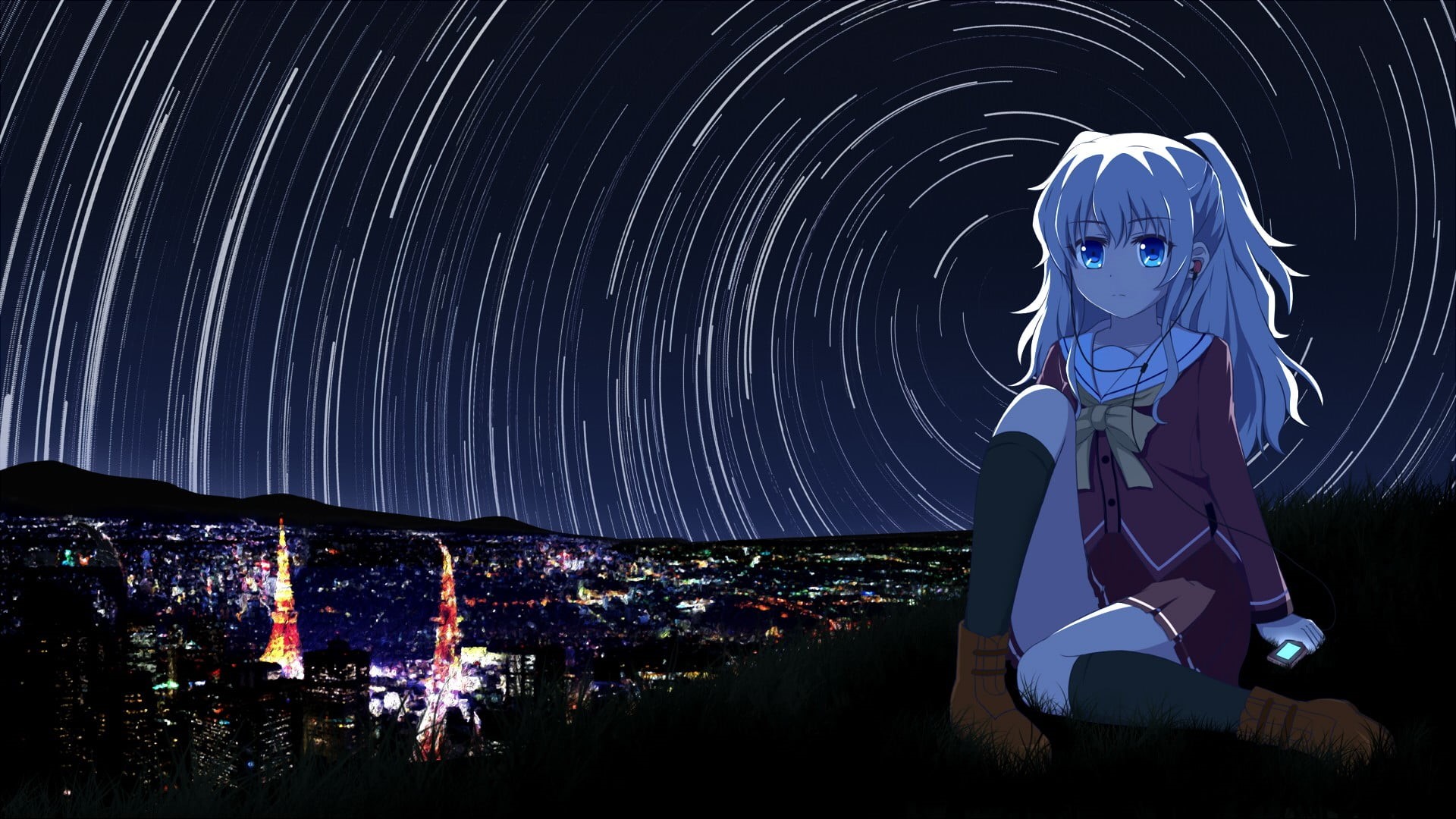 anime, built structure, long exposure, character, night, illuminated, art and craft, star - space, astronomy, school uniform, city, building exterior, Charlotte (anime), HD Wallpaper