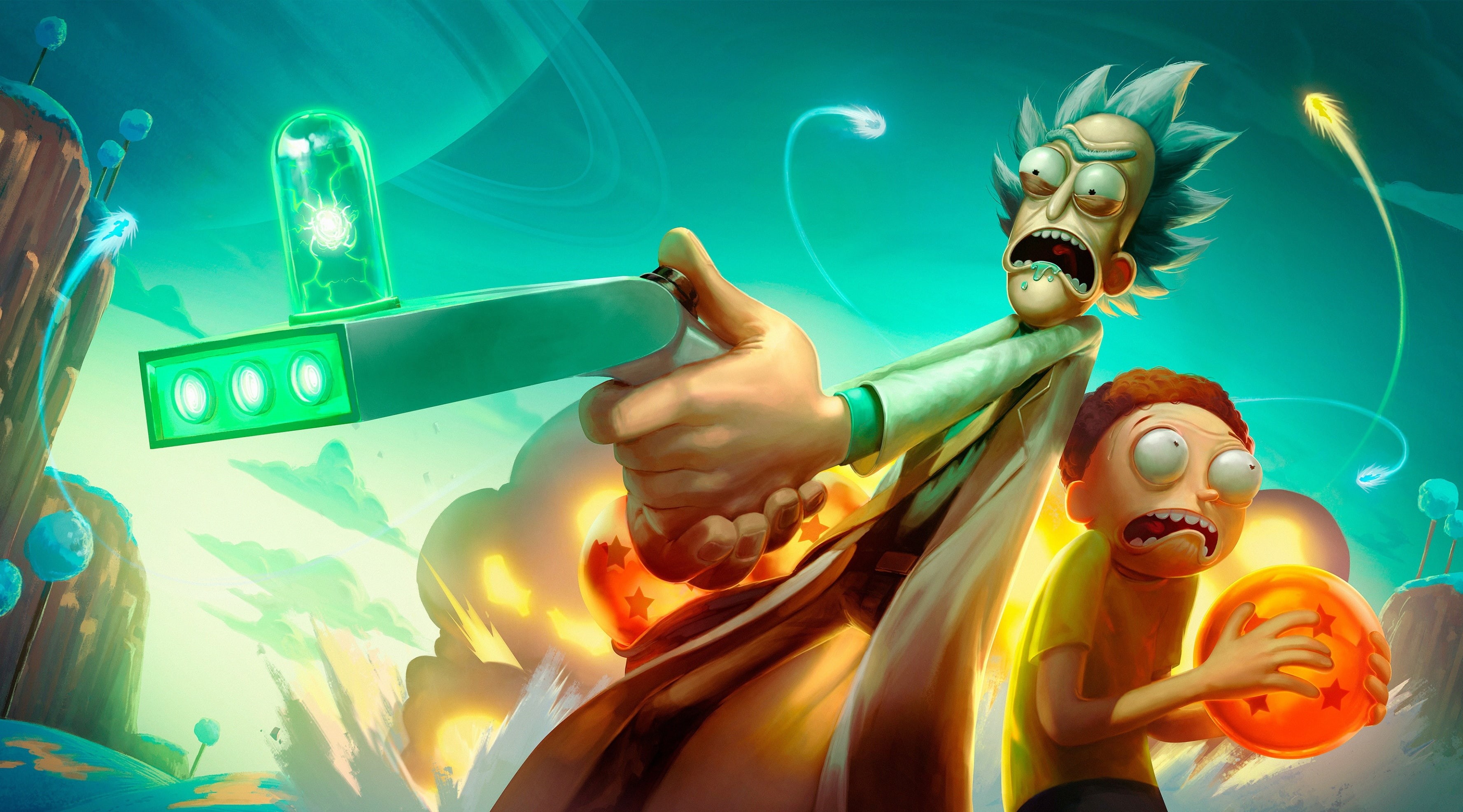 turquoise colored, tank, gesturing, Characters, green color, sea, rick, low angle view, art and craft, art, Illustration, Funny, male likeness, animals in the wild, HD Wallpaper