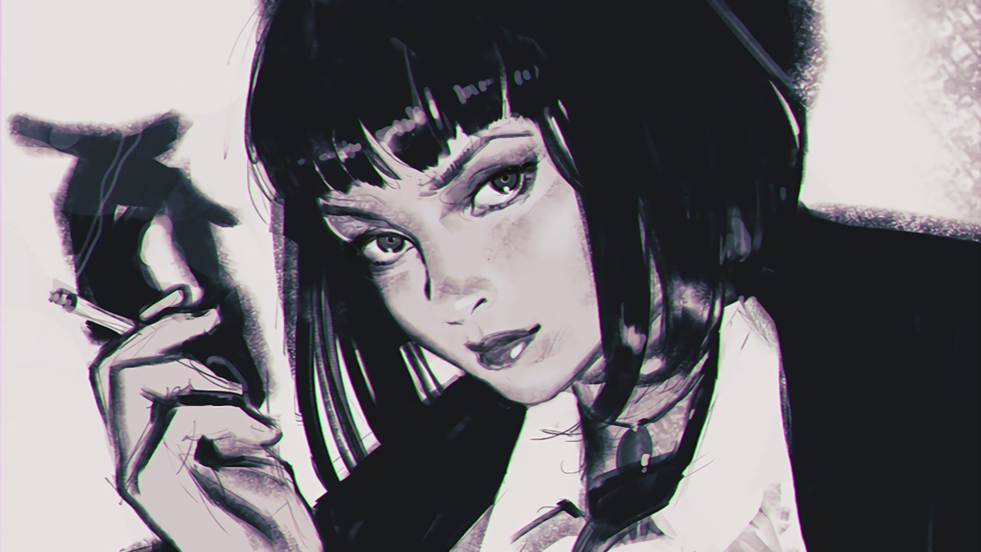 leisure activity, white, beautiful woman, hairstyle, make-up, smoking, women, painting, woman, drawing, one person, shirt, lipstick, portrait, Ilya Kuvshinov, HD Wallpaper