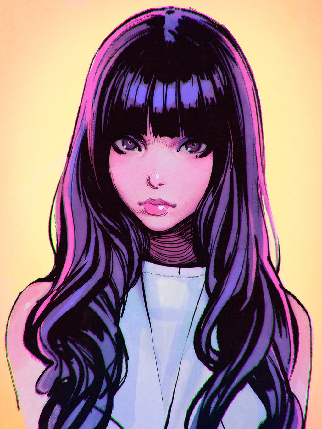 indoors, long hair, drawing, Ilya Kuvshinov, bizarre, studio shot, hairstyle, beautiful woman, colored background, looking at camera, digital art, individuality, Phone HD Wallpaper