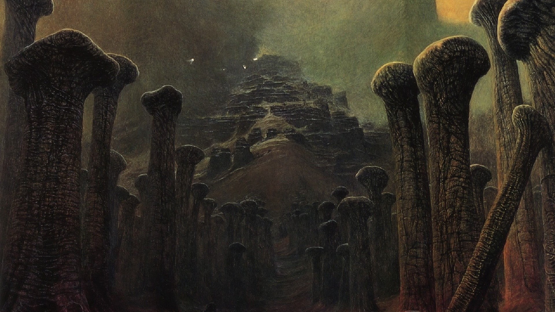 nightmare, 1080P, dark, creepy, spooky, traditional art, fantasy art, magic realism, gloomy, detailed, Zdzisław Beksiński, Polish, bones, artwork, painting, HD Wallpaper
