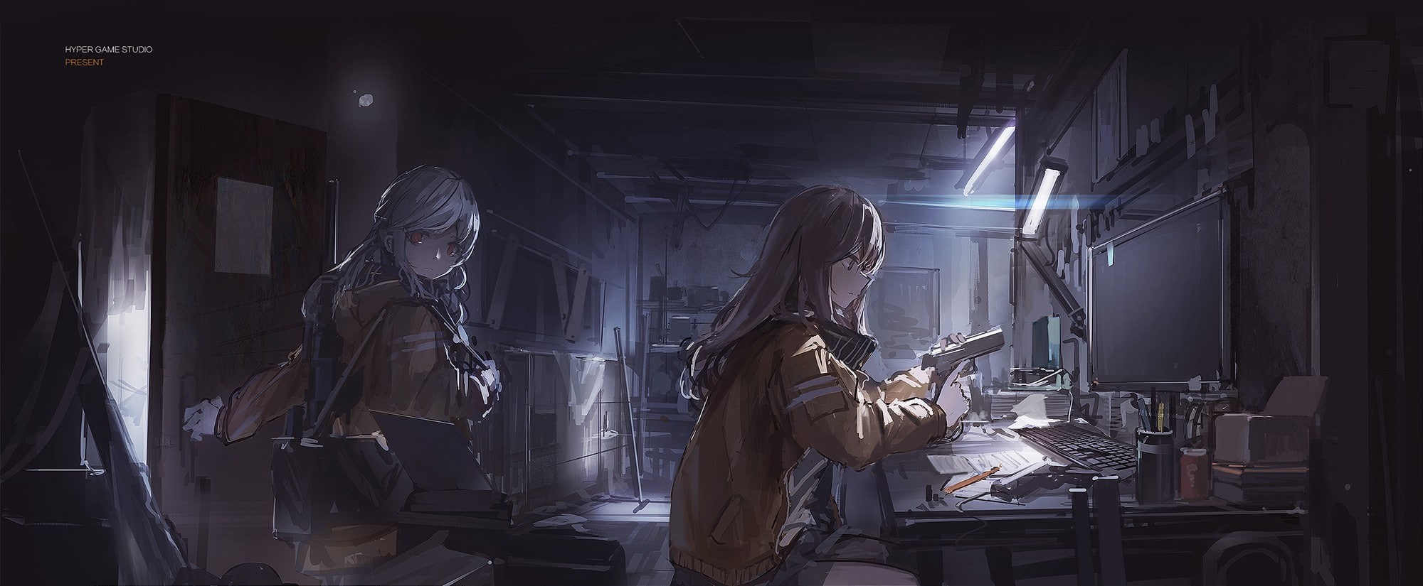 gun, real people, arts culture and entertainment, holding, anime girls, young women, indoors, artist, hairstyle, long hair, 1080P, weapon, light, young adult, HD Wallpaper