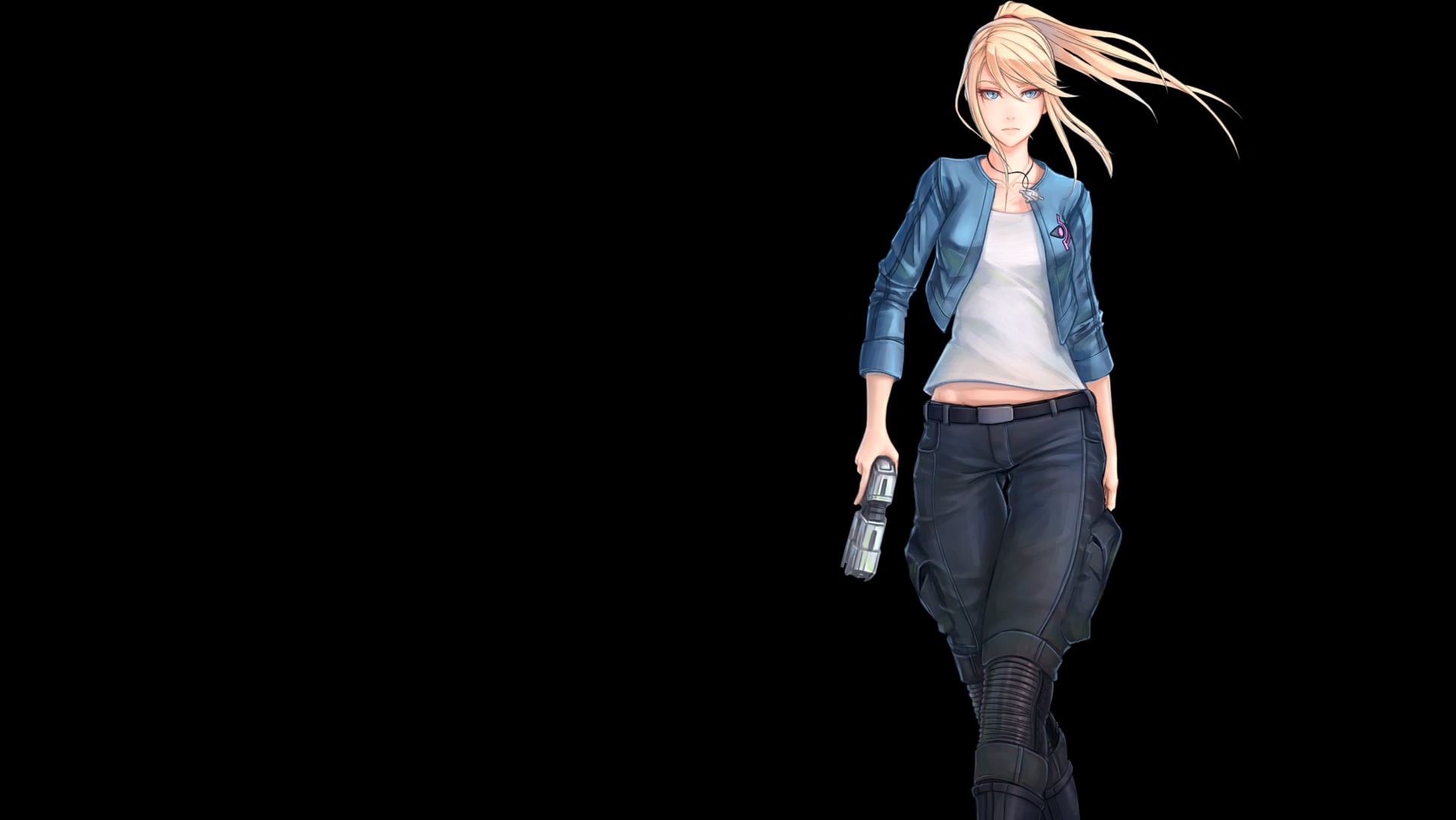 Metroid, woman, standing, black background, one person, cut out, hair, copy space, girls, hairstyle, long hair, anime, child, indoors, casual clothing, HD Wallpaper