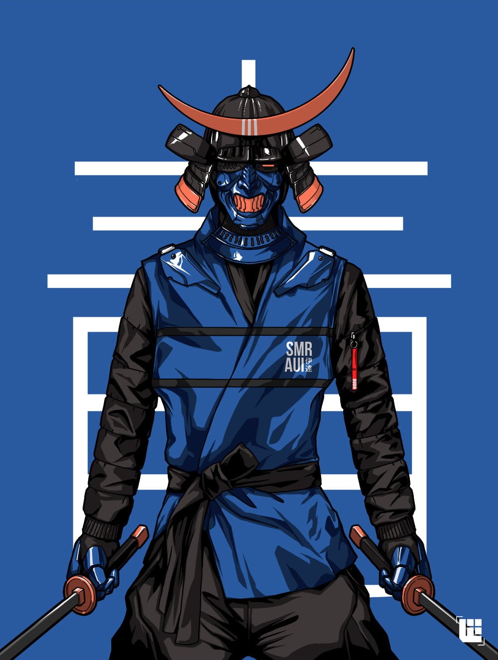 police force, security, sign, one person, blue, occupation, protection, blue background, three quarter length, Masked, front view, communication, samurai, Phone HD Wallpaper