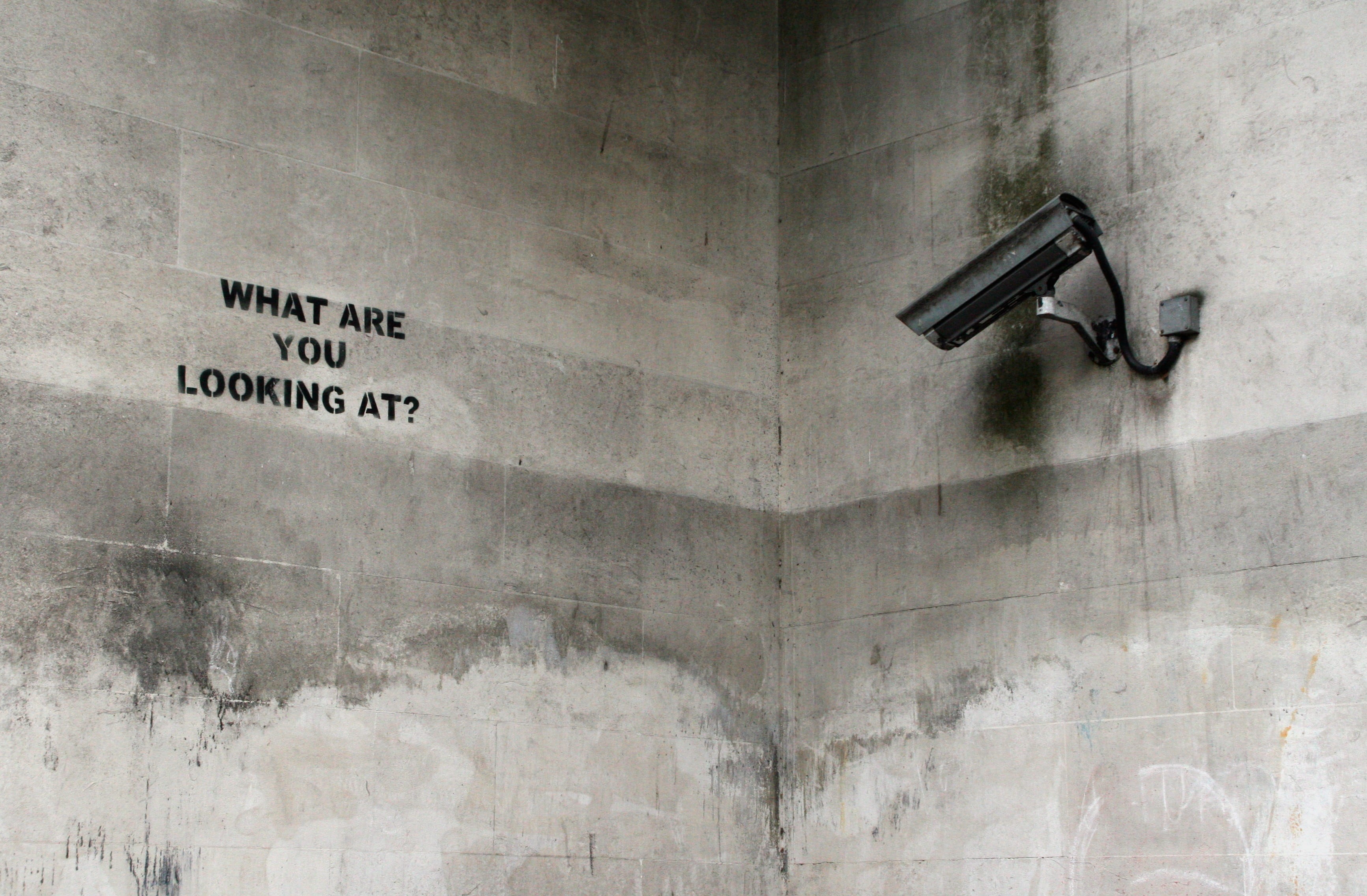 building exterior, architecture, sign, wall - building feature, western script, graffiti, surveillance, black, outdoors, old, weathered, security camera, HD Wallpaper