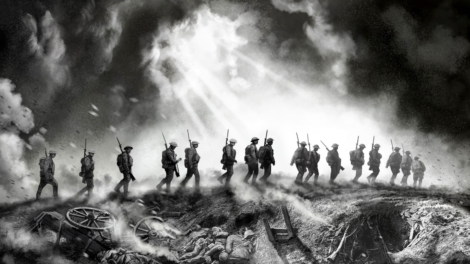 1080P, gouache, art, real people, elite infantry after battle, 1914-1918, sport, adult, large group of people, fighting, after the fight, soldiers, grayscale, HD Wallpaper