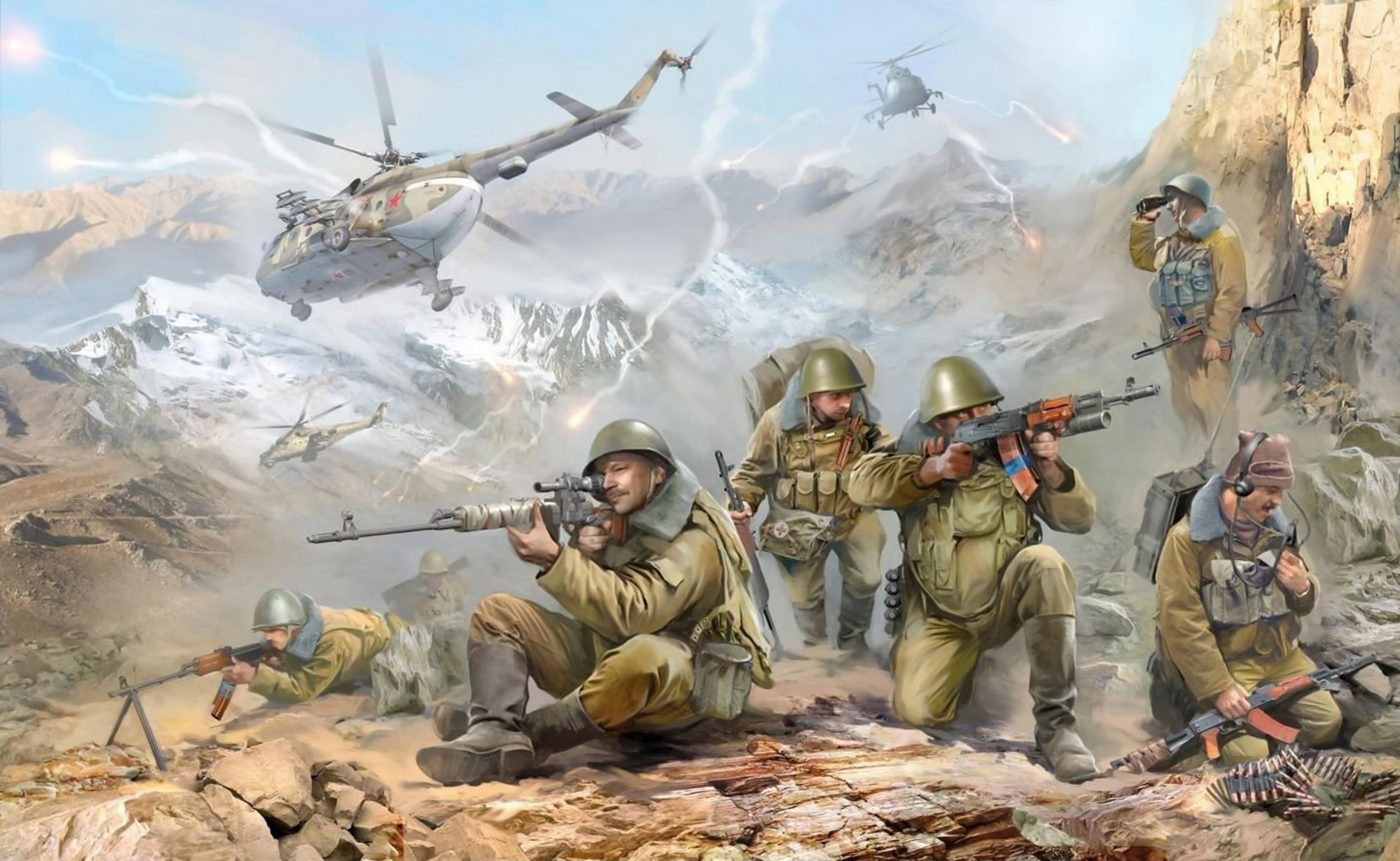 2K, soldiers, gun, 1979—1989., parts, human representation, nature, recruit, maneuverable, helicopter, mountain, used, regiment, the sky, vertebrate, armed Forces, HD Wallpaper
