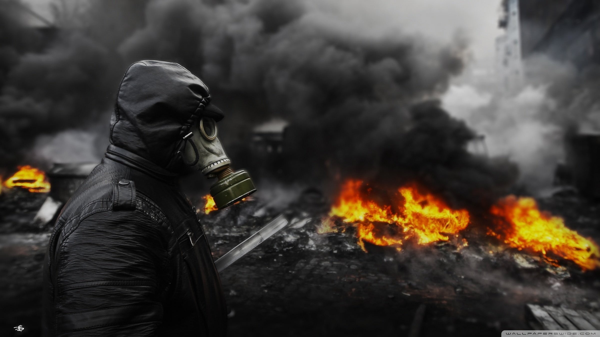 outdoors, mask, smoke - physical structure, activity, toy, 1080P, red, protection, photography themes, standing, black, safety, burning, gas masks, fire - natural phenomenon, HD Wallpaper