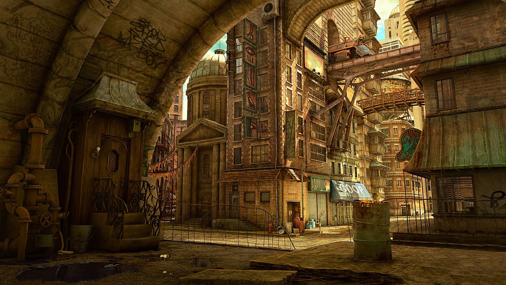 art, digital art, hall, City, door, fantasy, px, digital, fantasy art, 1080P, x, hd, 1920x1080 px, bugs, bridge, animals, STREET, Fire, artwork, city hall, HD Wallpaper