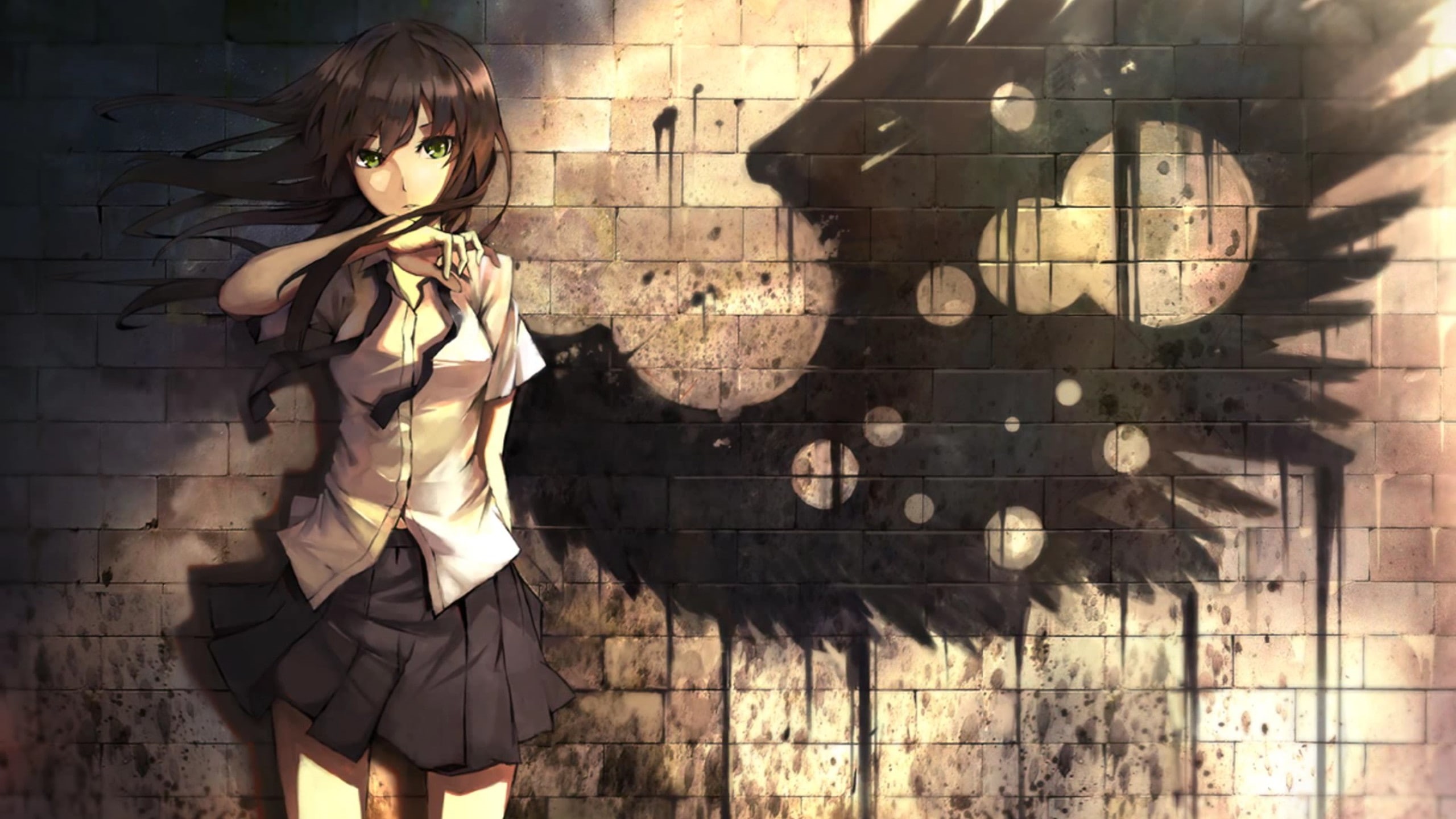 music, x, green eyes, anime, hair, hd, long hair, green, 2K, girls, entertainment, long, brunette, Skirt, px, Anime Girls, 2560x1440 px, eyes, art, HD Wallpaper