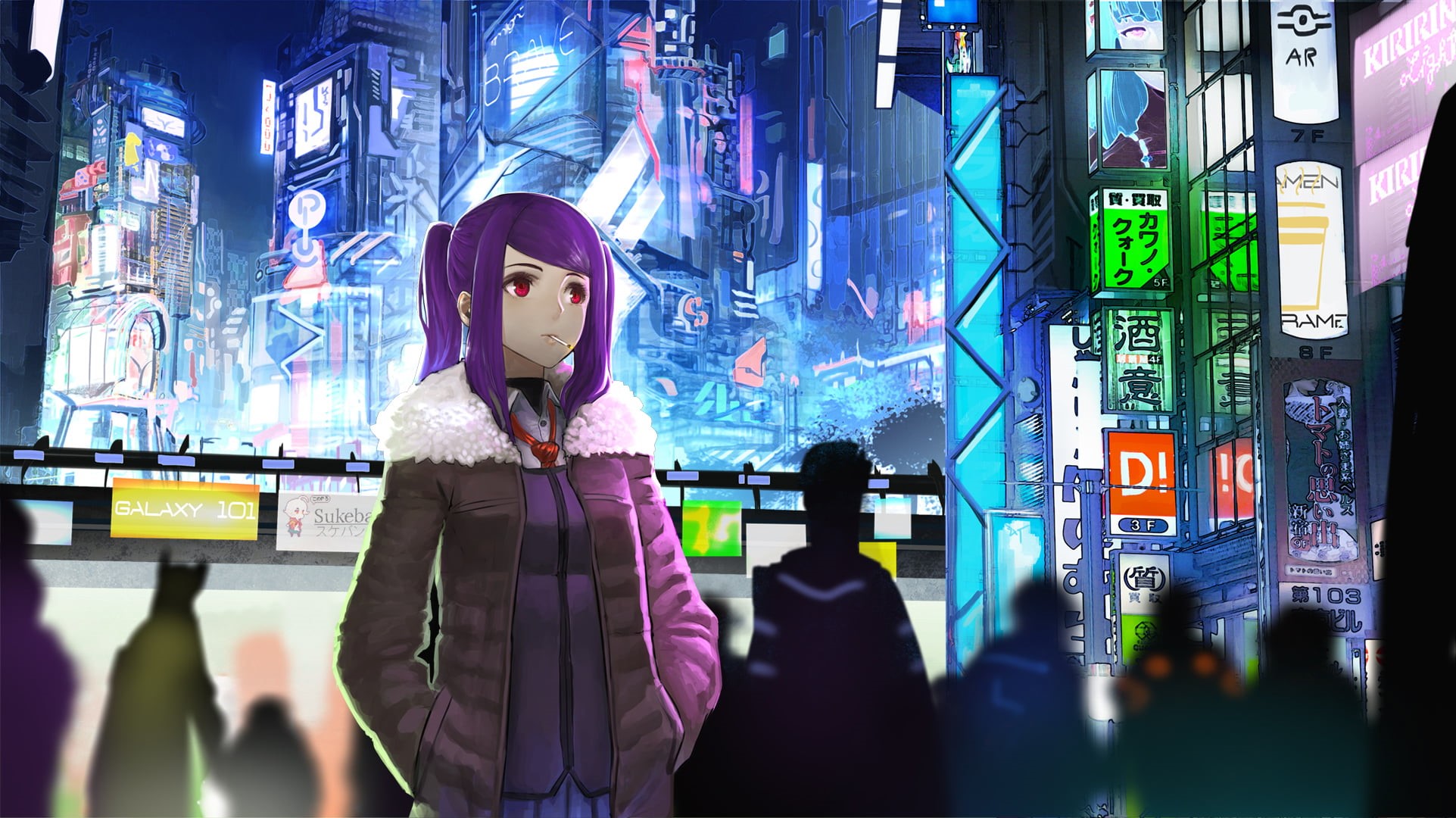 Julianne Stingray, 1080P, city, red eyes, purple hair, va-11 hall-a, anime girls, HD Wallpaper