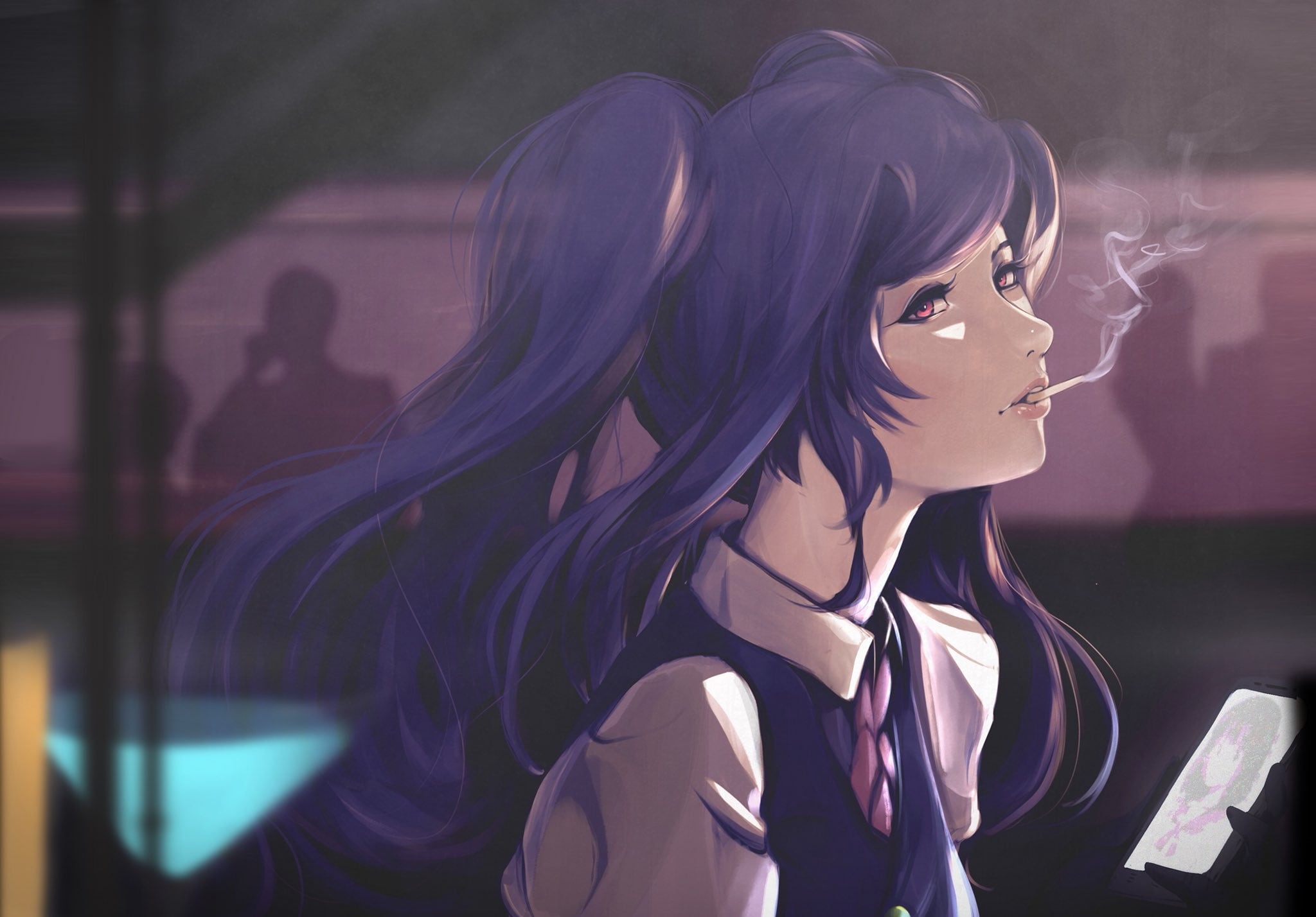 anime, purple hair, long hair, smartphone, 1080P, Jill Stingray, red eyes, va-11 hall-a, smoking, tie, anime girls, shirt, HD Wallpaper