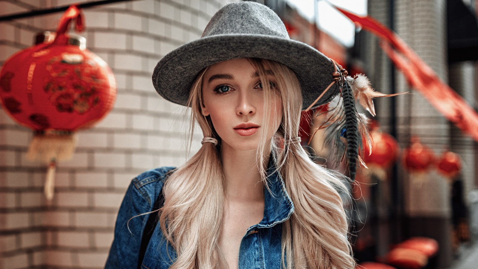 brick, looking, hat, young women, fashion, headshot, depth of field, blond hair, clothing, Georgy Chernyadyev, 720P, portrait, pigtails, women, beautiful woman, HD Wallpaper